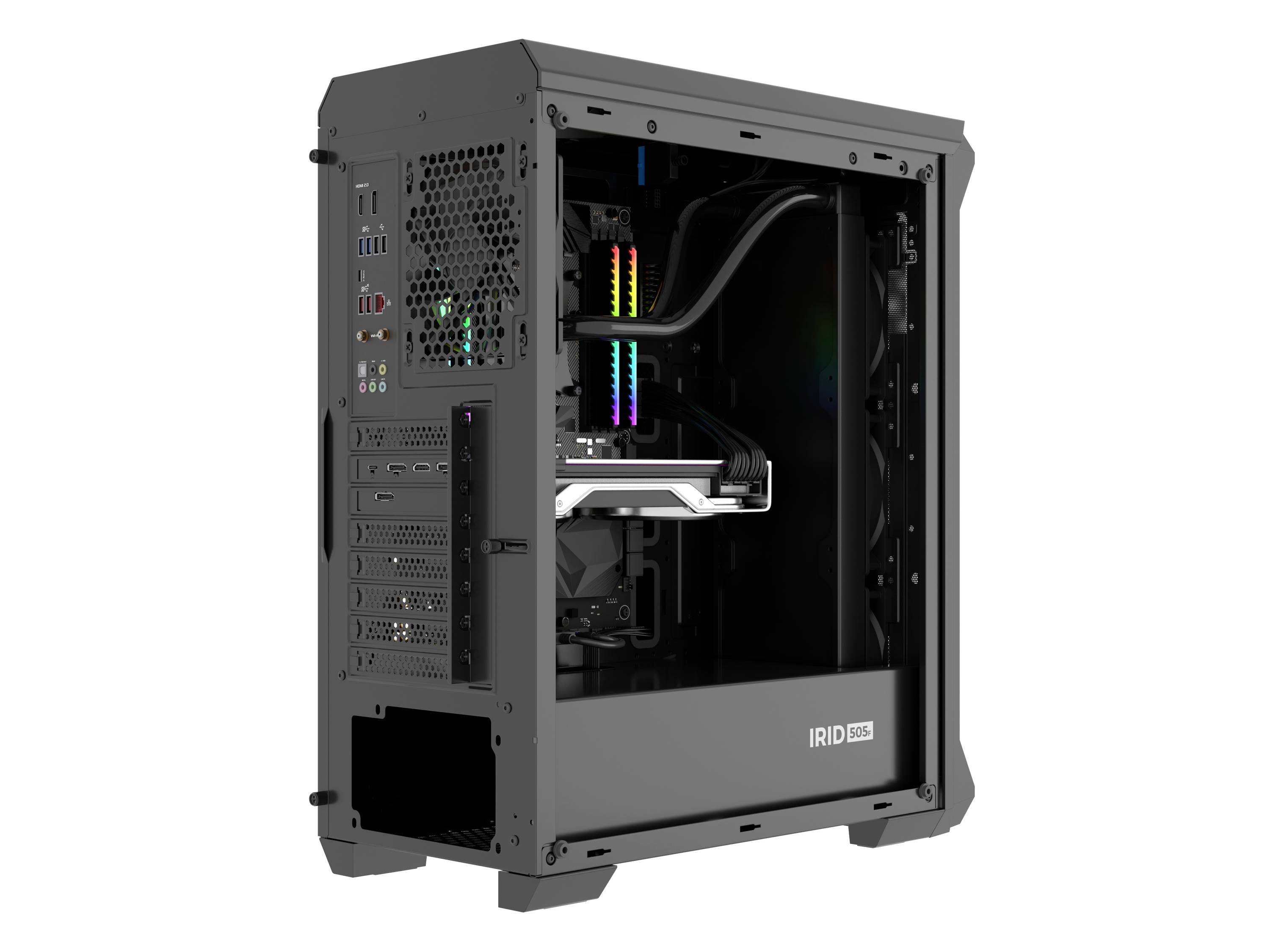 Zwart computerbehuizing met transparant zijpaneel toont LED-verlichte componenten en grafische kaart in het binnenste.