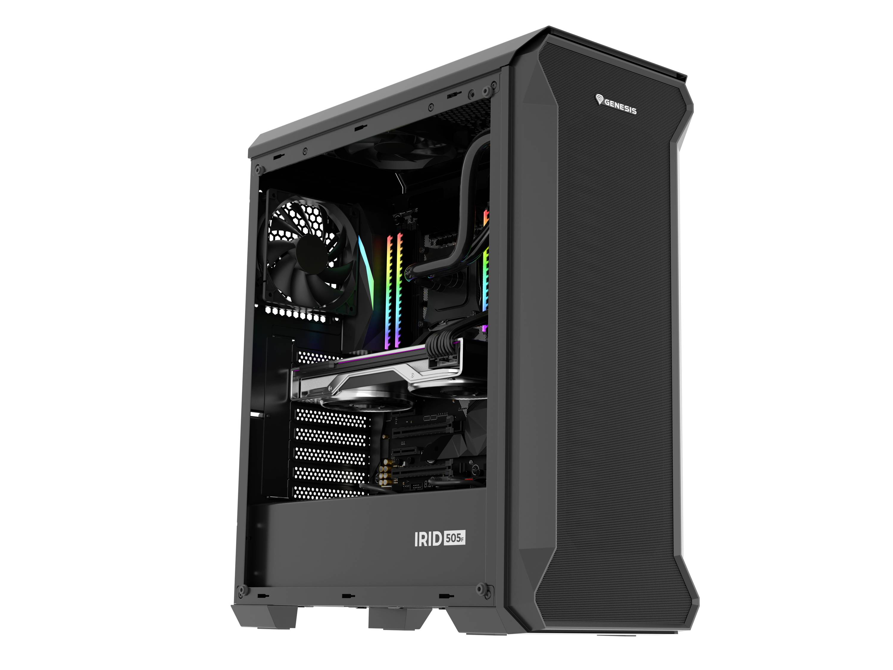 Zwart computerbehuizing met transparant raam, toont RGB-verlichte componenten en ventilatoren. Heldere, moderne stijl voor gaming-pc's.