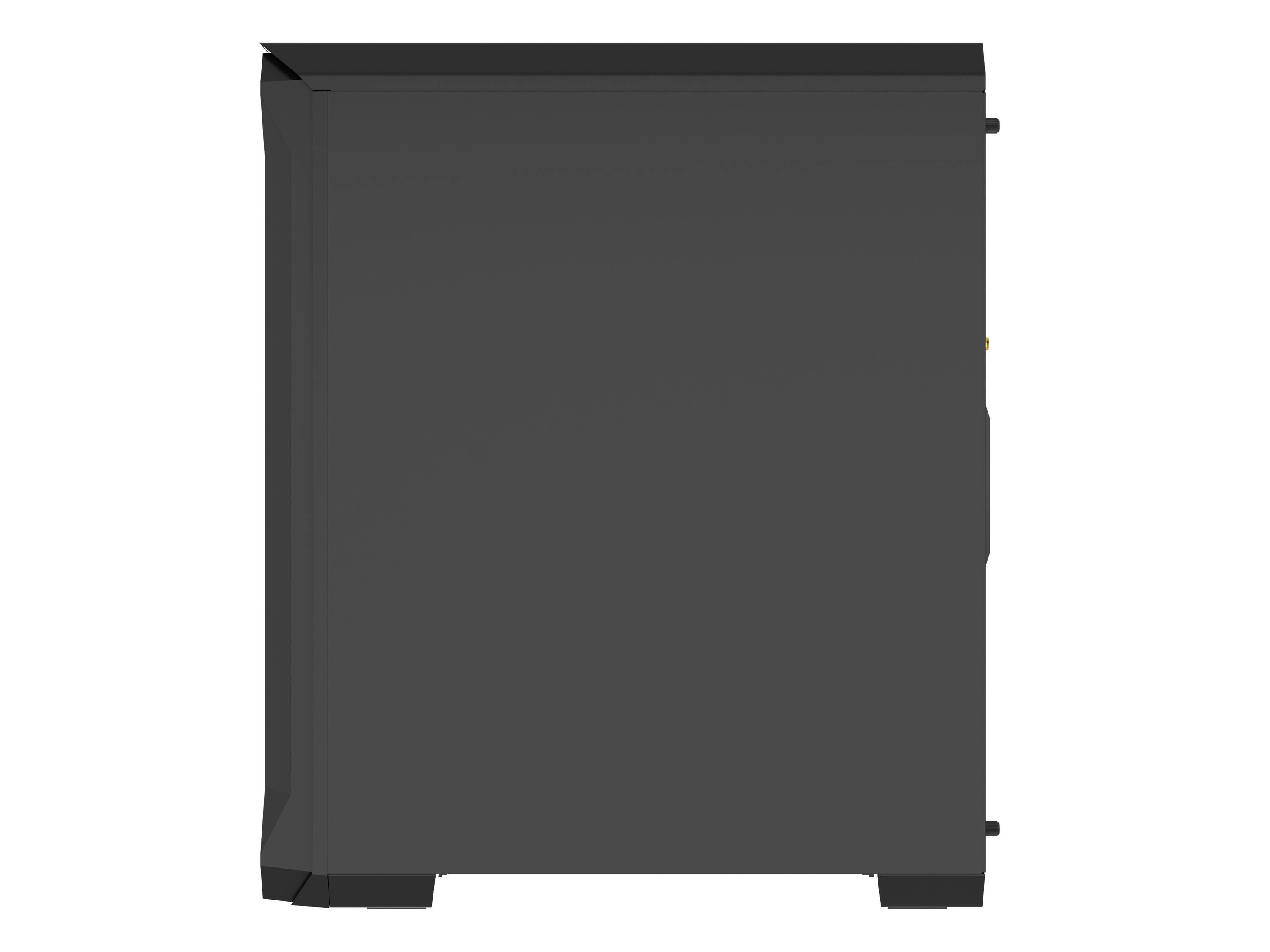 Zwart computerbehuizing met gladde oppervlakken, zijaanzicht. Geen zichtbare details of logo's op het oppervlak.
