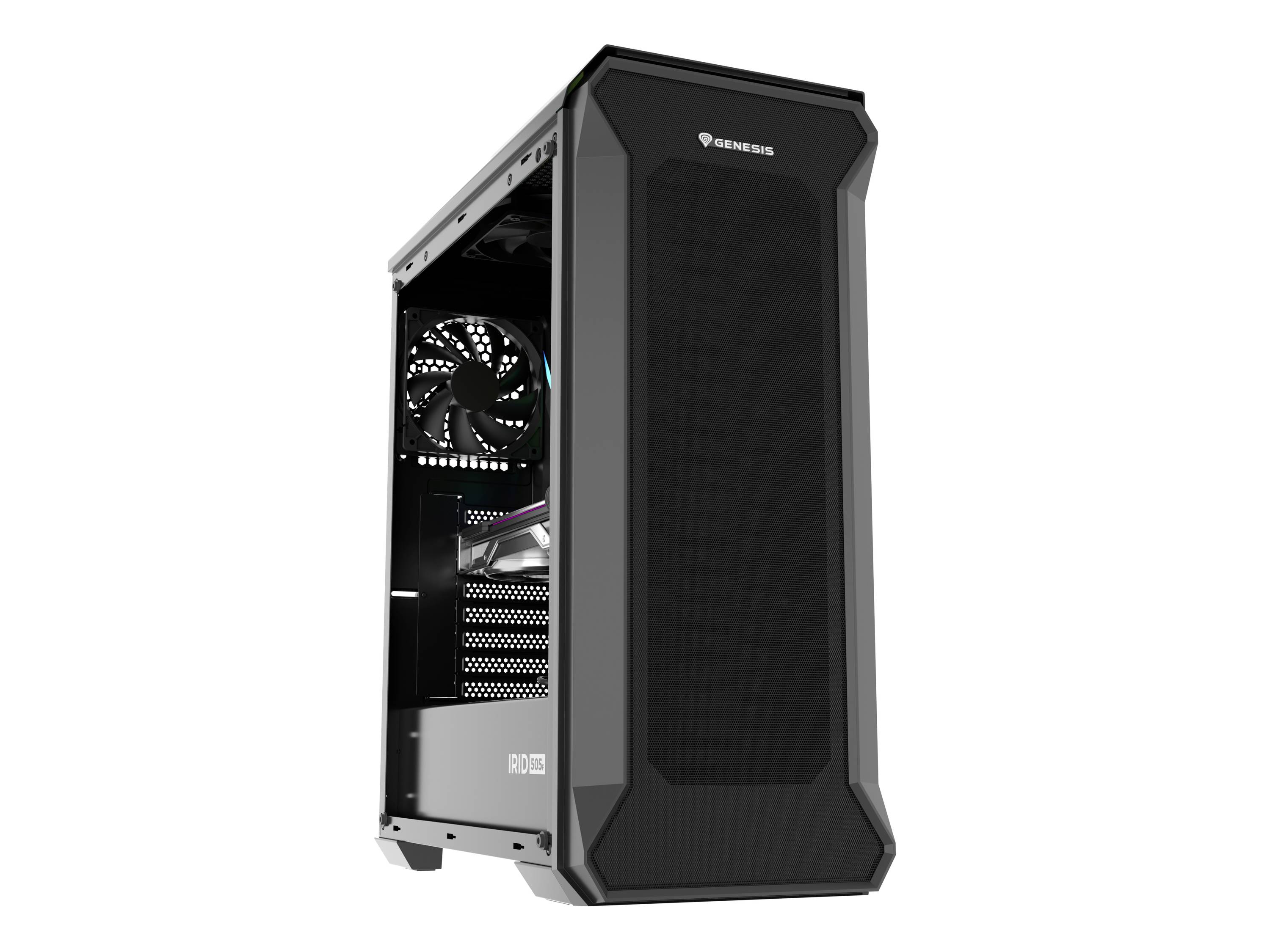 Een zwarte computerbehuizing met een transparant zijpaneel, waardoor ventilatoren en interne componenten zichtbaar zijn.