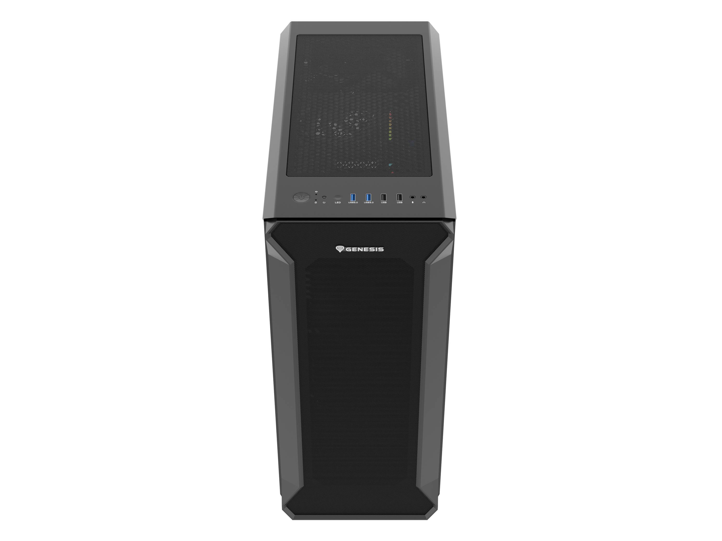 Zwart computerbehuizing met meerdere USB-poorten aan de bovenkant, ventilatiesleuven zichtbaar, geschikt voor gaming-pc's.