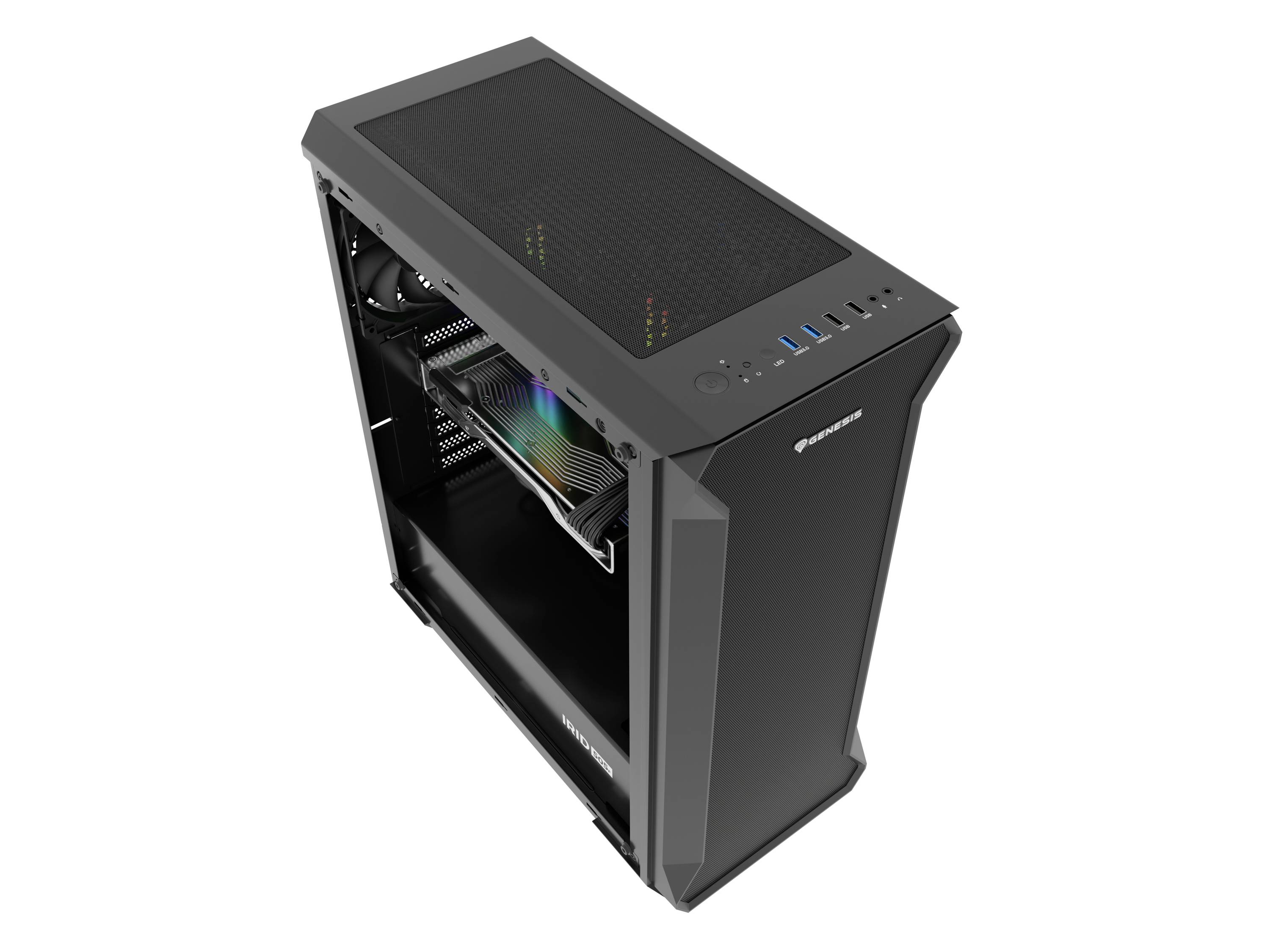 Een zwarte computerbehuizing met een transparant zijpaneel. Bovenaan bevinden zich ventilatiesleuven en meerdere aansluitingen; binnenin verlicht een LED-component.