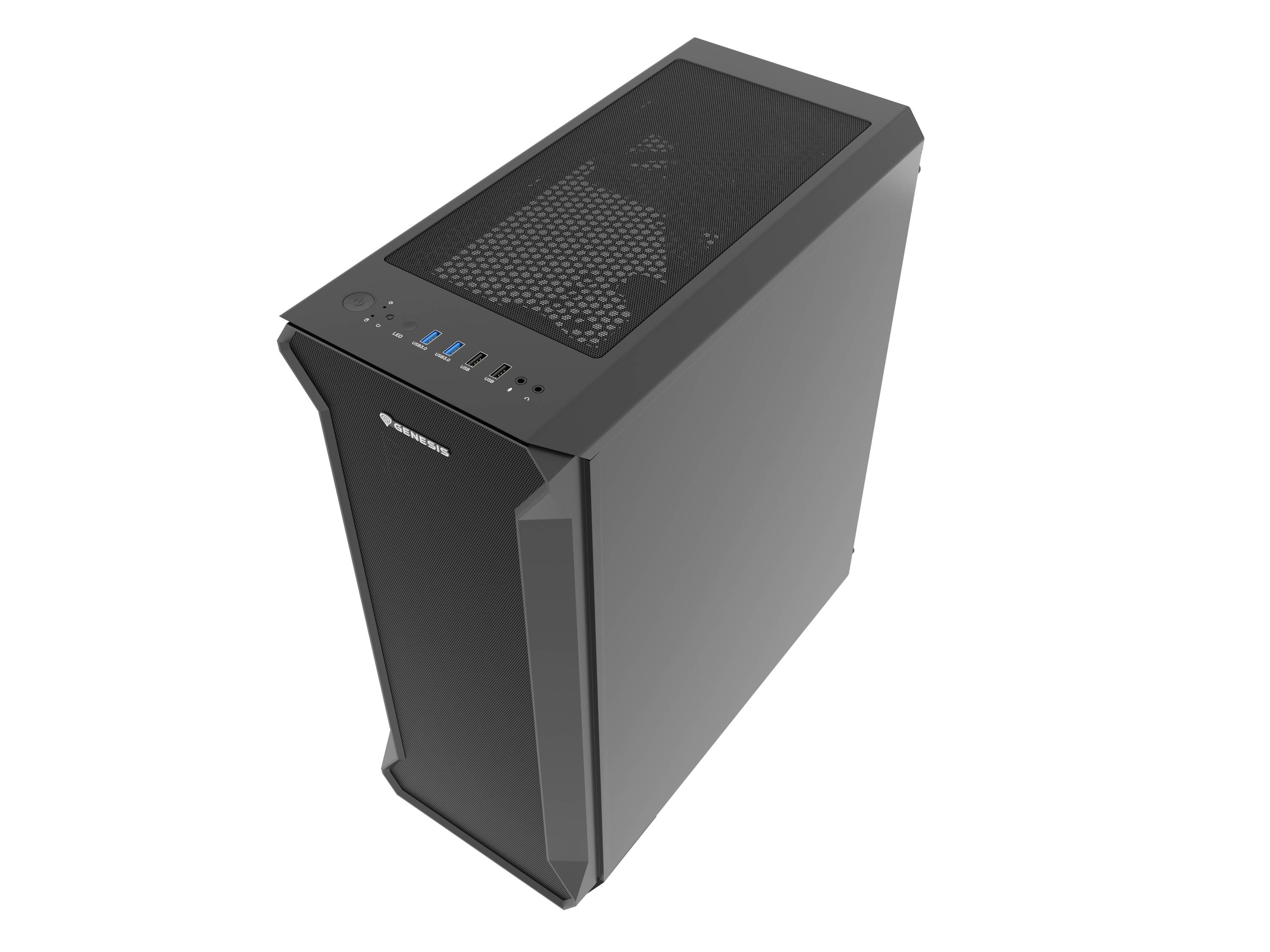 Een zwart computerbehuizing met een mesh bovenpaneel en meerdere USB-poorten aan de voorzijde.