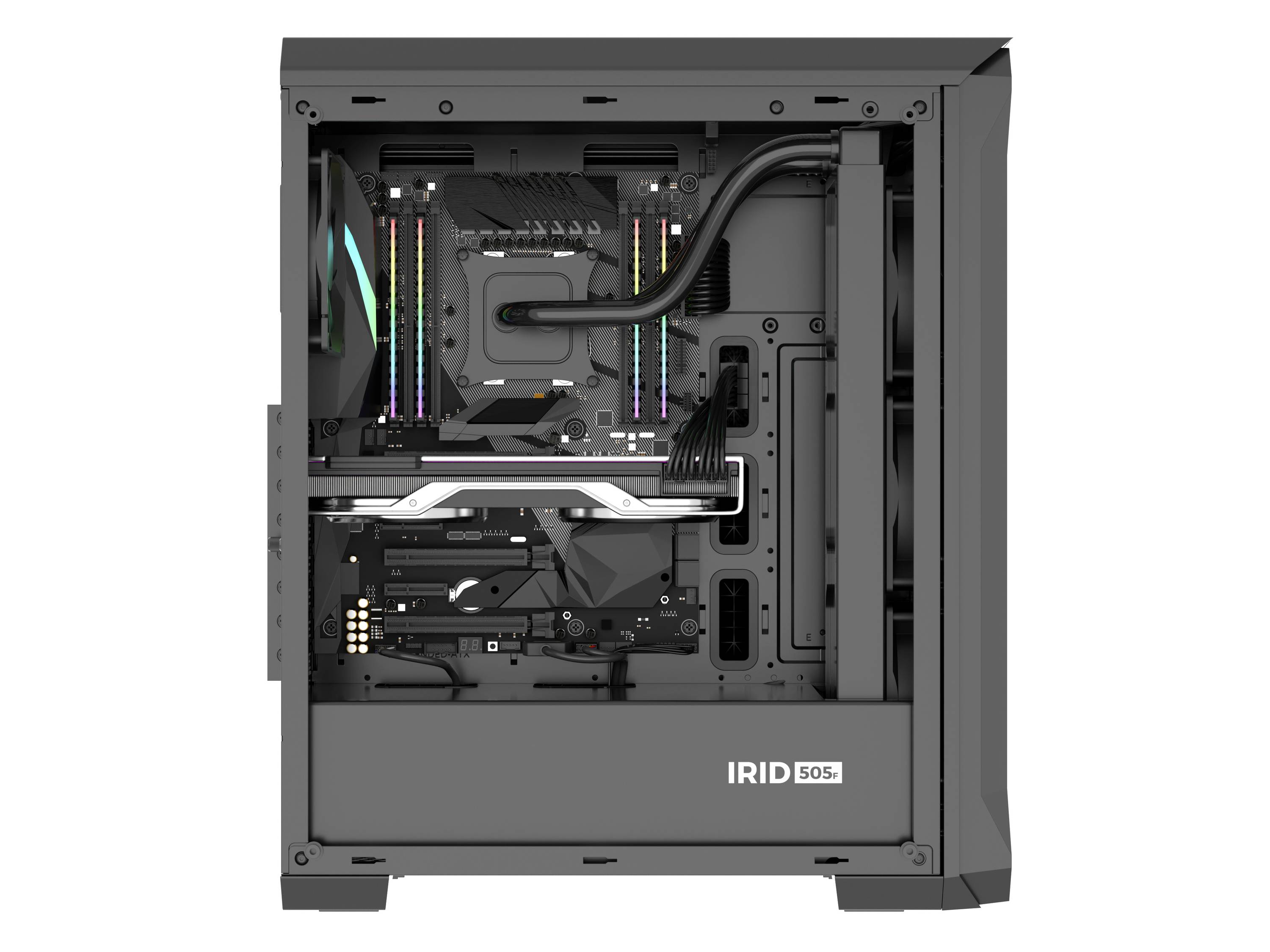 Een open pc-behuizing met een modern koelsysteem, RGB-verlichte RAM-modules en een krachtige grafische kaart in een donkere behuizing.