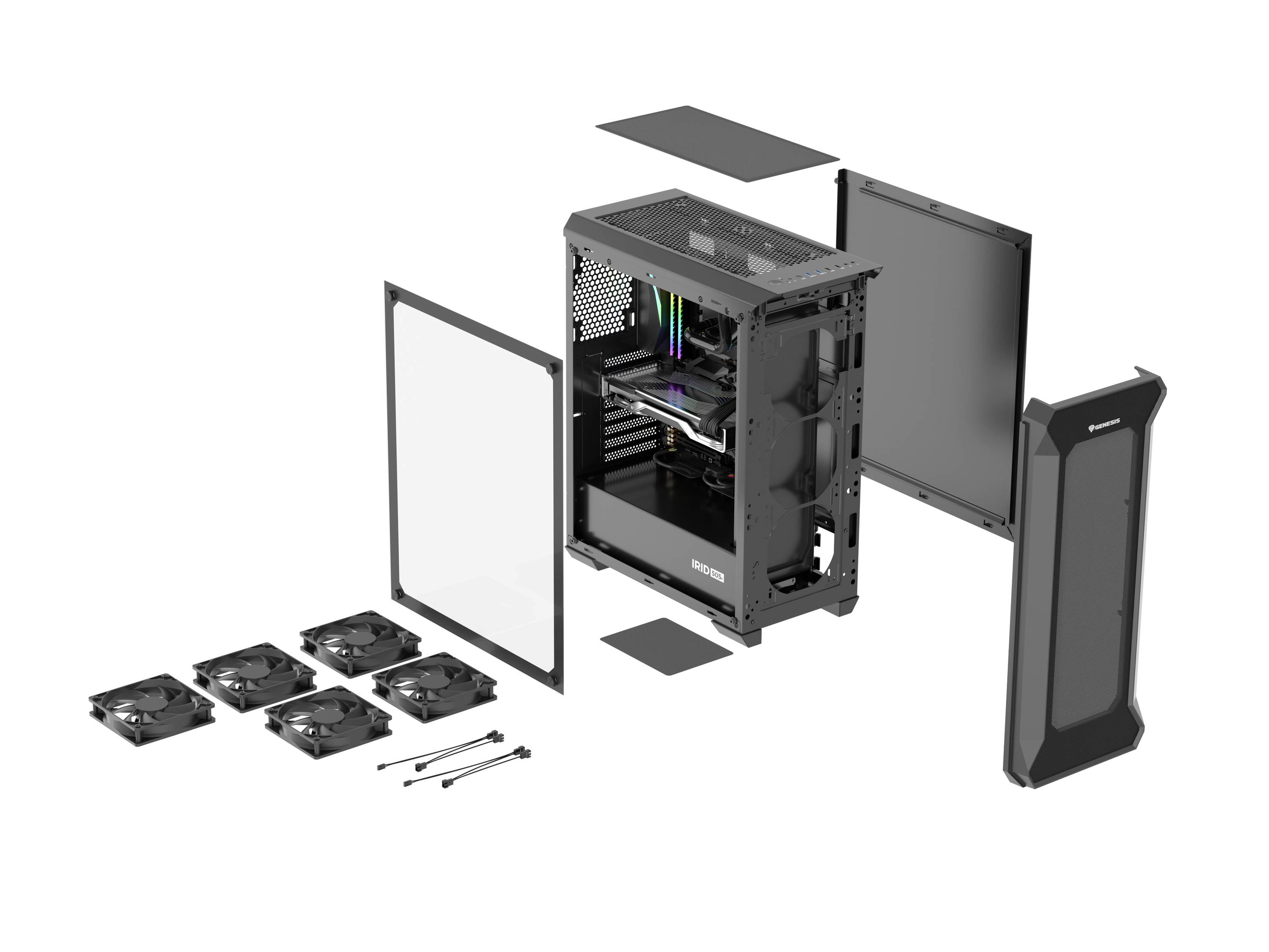 Uitgeklapt computerbehuizingskit toont componenten zoals ventilators, afneembare zijpanelen en frontplaten, evenals de binnenkast.