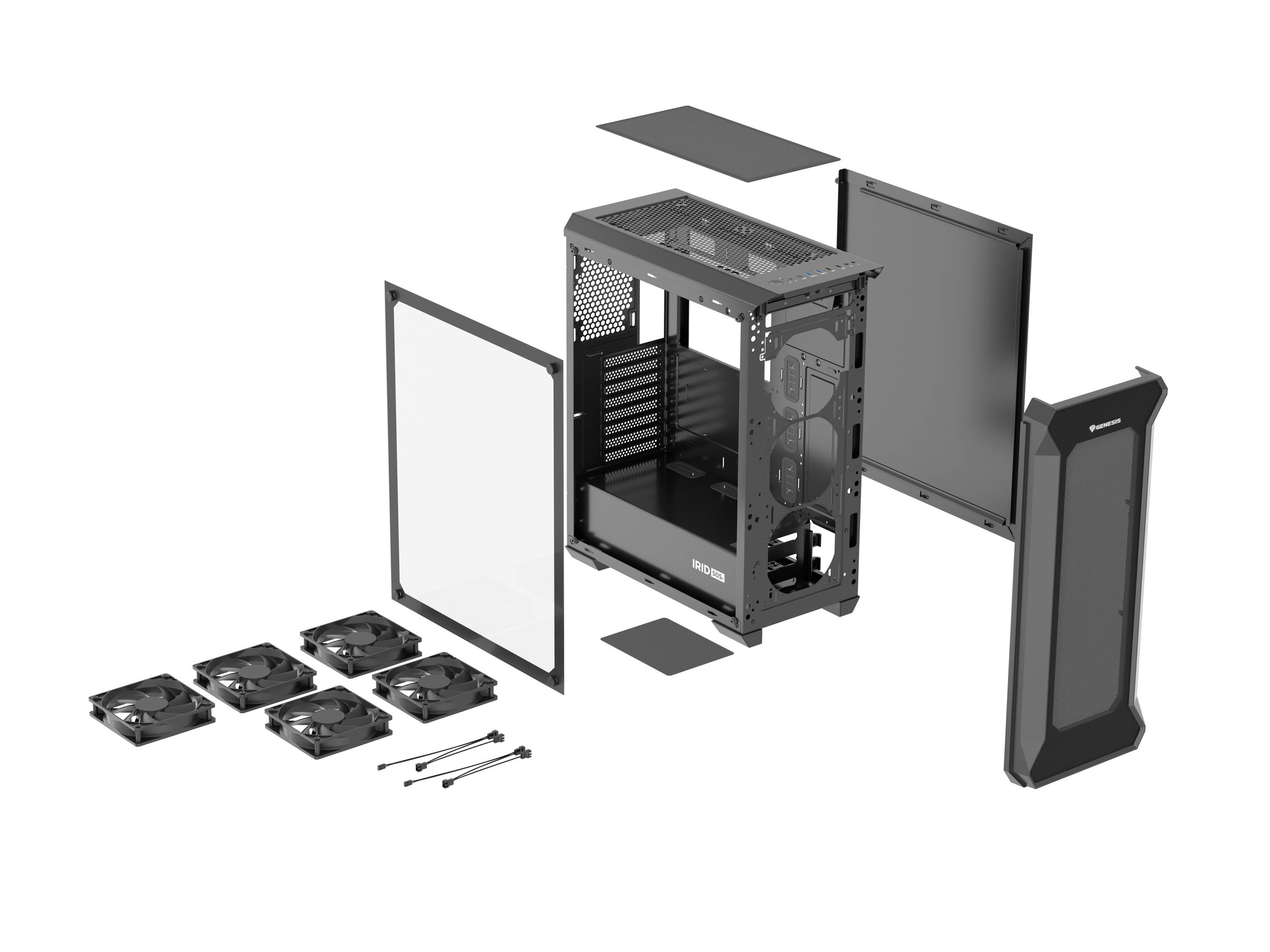 Gedemonteerd computerbehuizing met componenten: middendeel van de behuizing, front- en zijpanelen, vijf ventilatoren, schroeven en kabels.