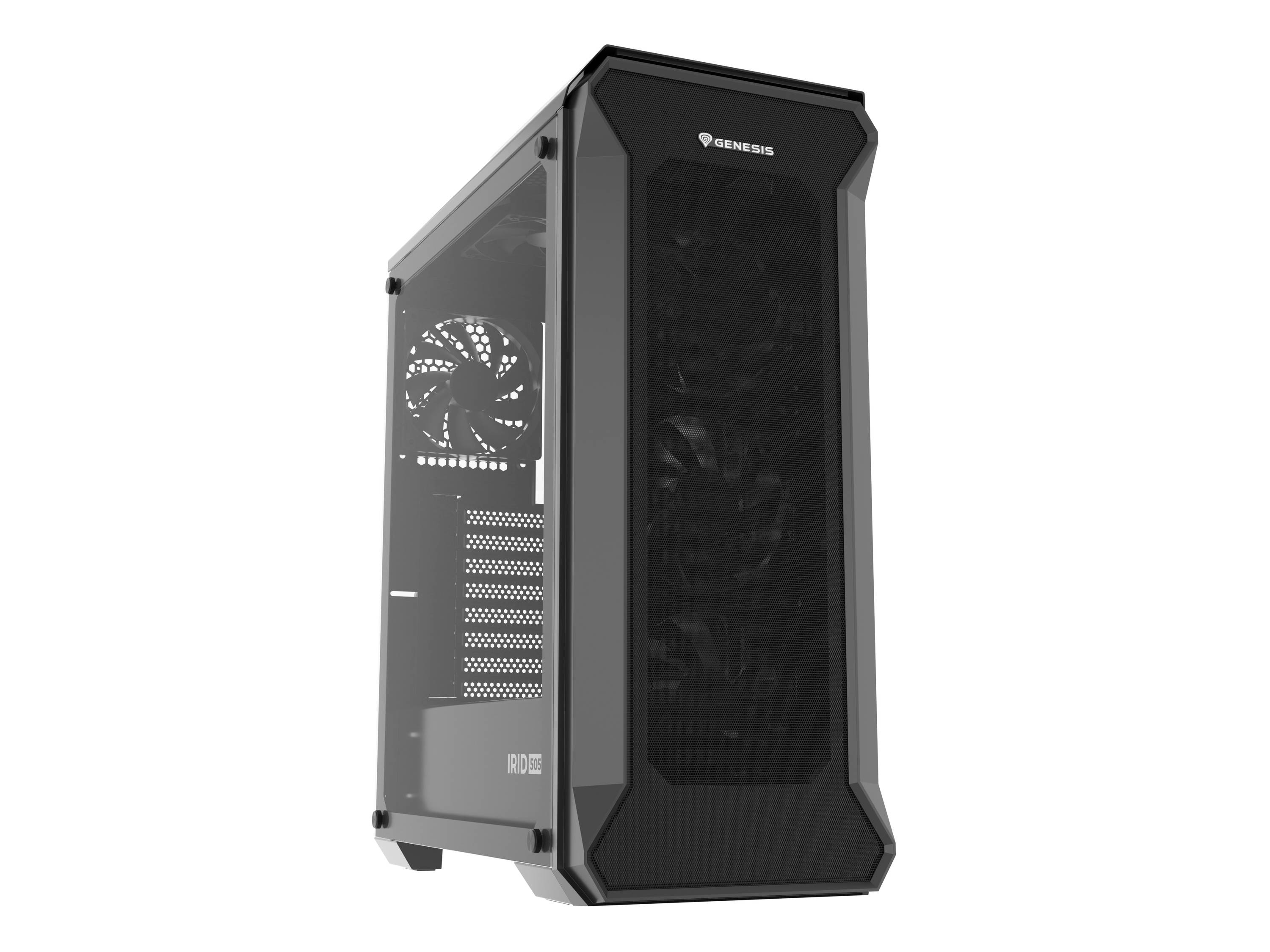 Zwart PC-behuizing met transparant zijraam, ventilatoren zichtbaar, geventileerde voorkant.