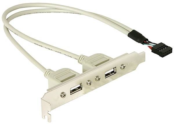Een intern pc-kabel met twee USB-aansluitingen en een moederbordverbinding, geschikt voor het uitbreiden van de USB-poorten in de behuizing.