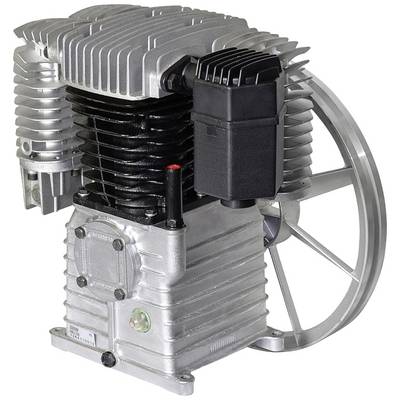Een metalen luchtkompressor met ribben en een groot ventilatorwiel, gebruikt voor persluchtproductie in industriële toepassingen.