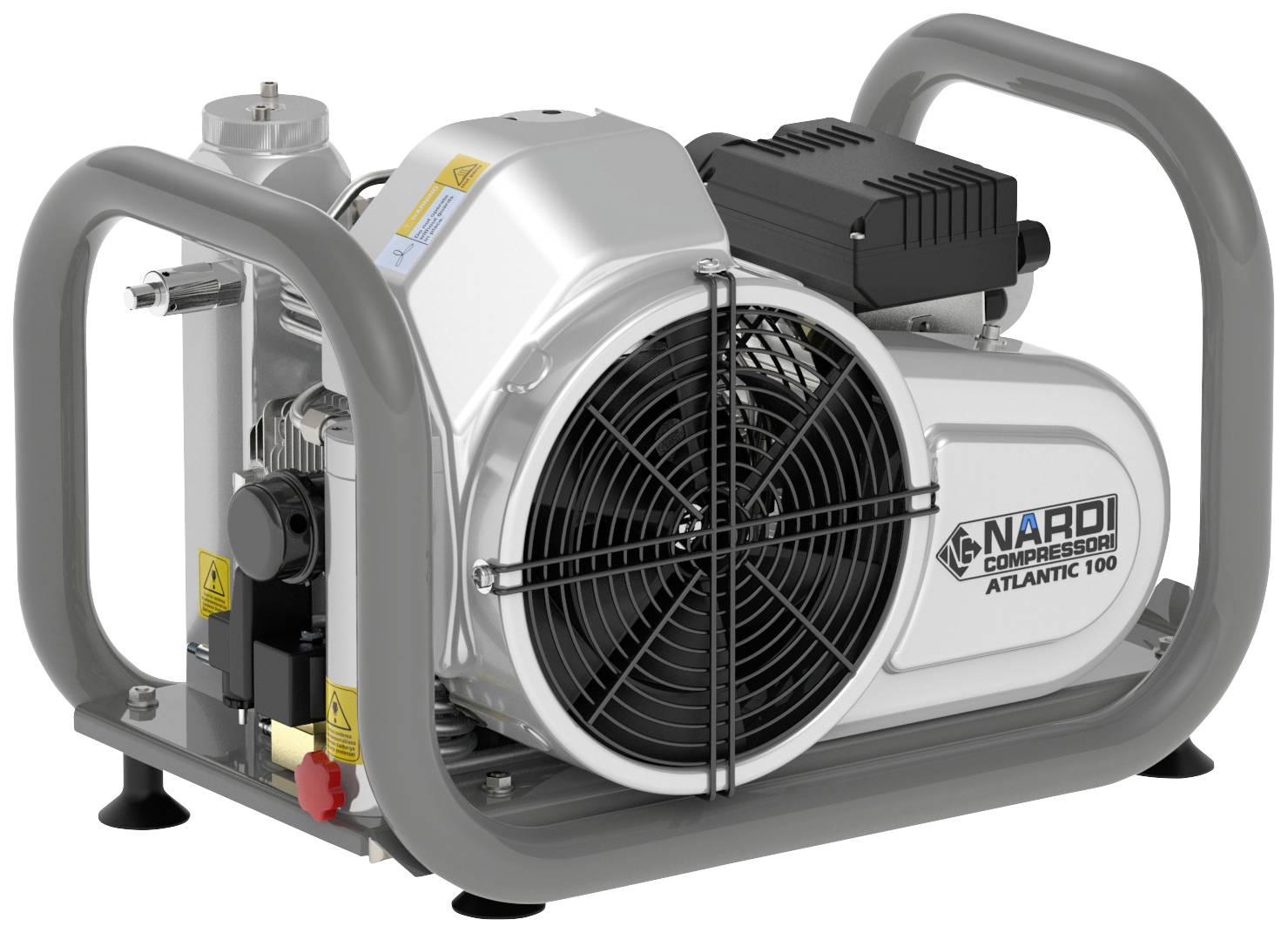 Nardi Kompressor Atlantis 100, een draagbare luchtcompressor met beschermframe, ventilator en schakelaars, geschikt voor industriële toepassingen.