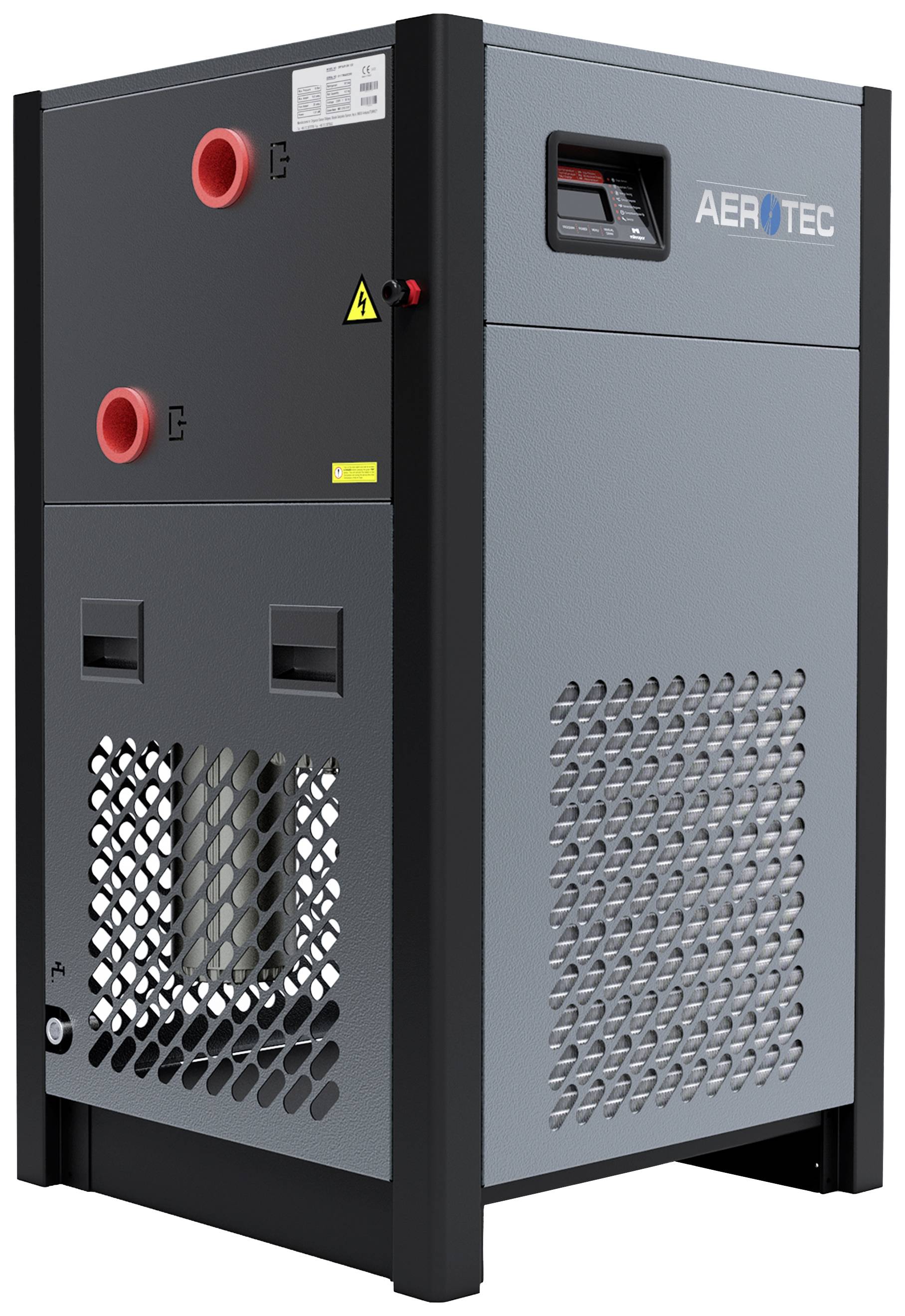 Industriële compressor met een grijs behuizing en rode aansluiting. Merk 'Aerotec' zichtbaar aan de rechterkant. Ventilatiesleuven onderaan.