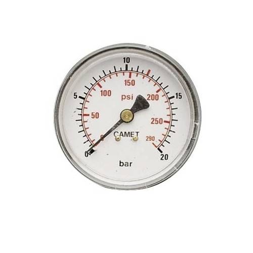 Manometer toont druk in psi en bar, met wijzer op ongeveer 290 psi en 20 bar.