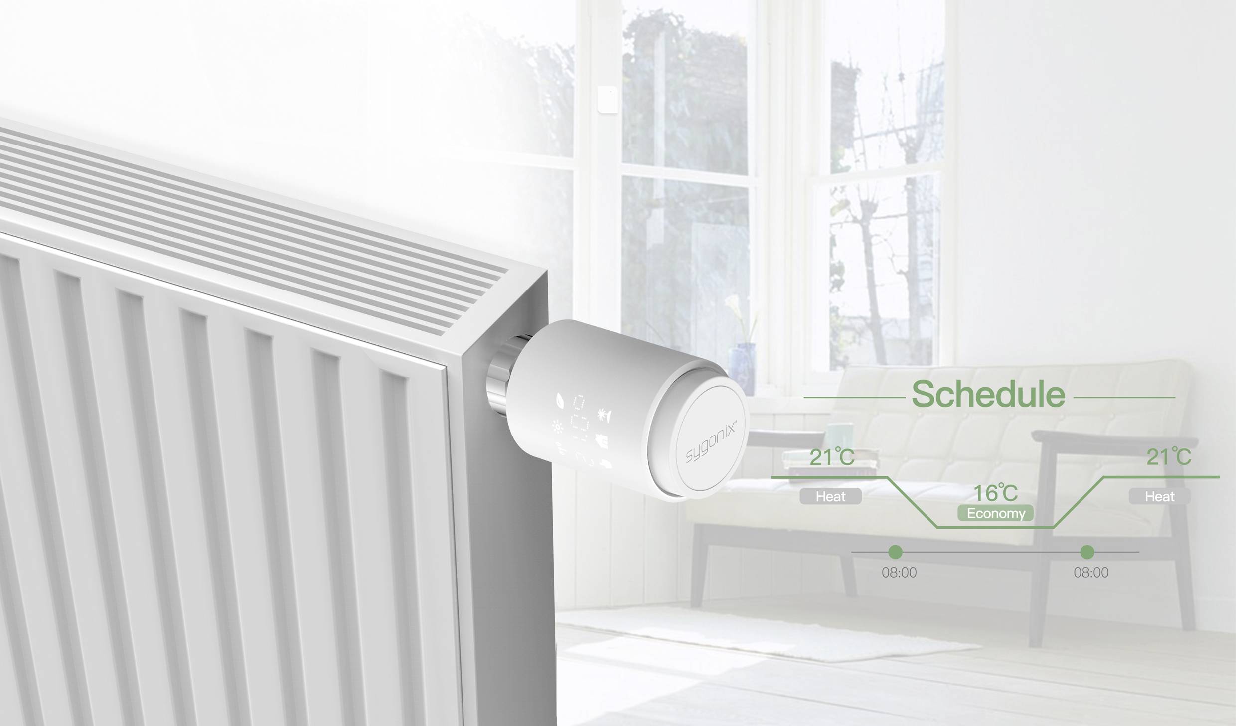 Een ruimtethermostaat op een radiator met digitale weergave toont een verwarmingsschema: 21°C om 06:00, 16°C economie om 08:00, 21°C om 18:00.