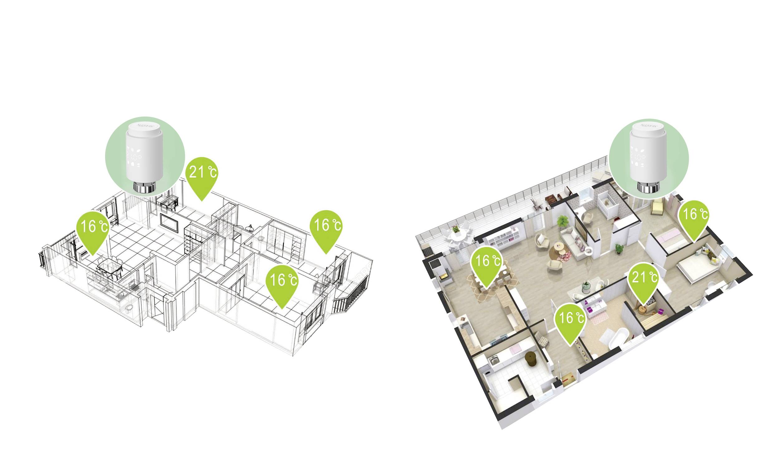 Plattegrond van de woning met temperatuurzones: woonkamer 21°C, overige ruimtes 16°C gemarkeerd. Verwarmingsthermostaten weergegeven.