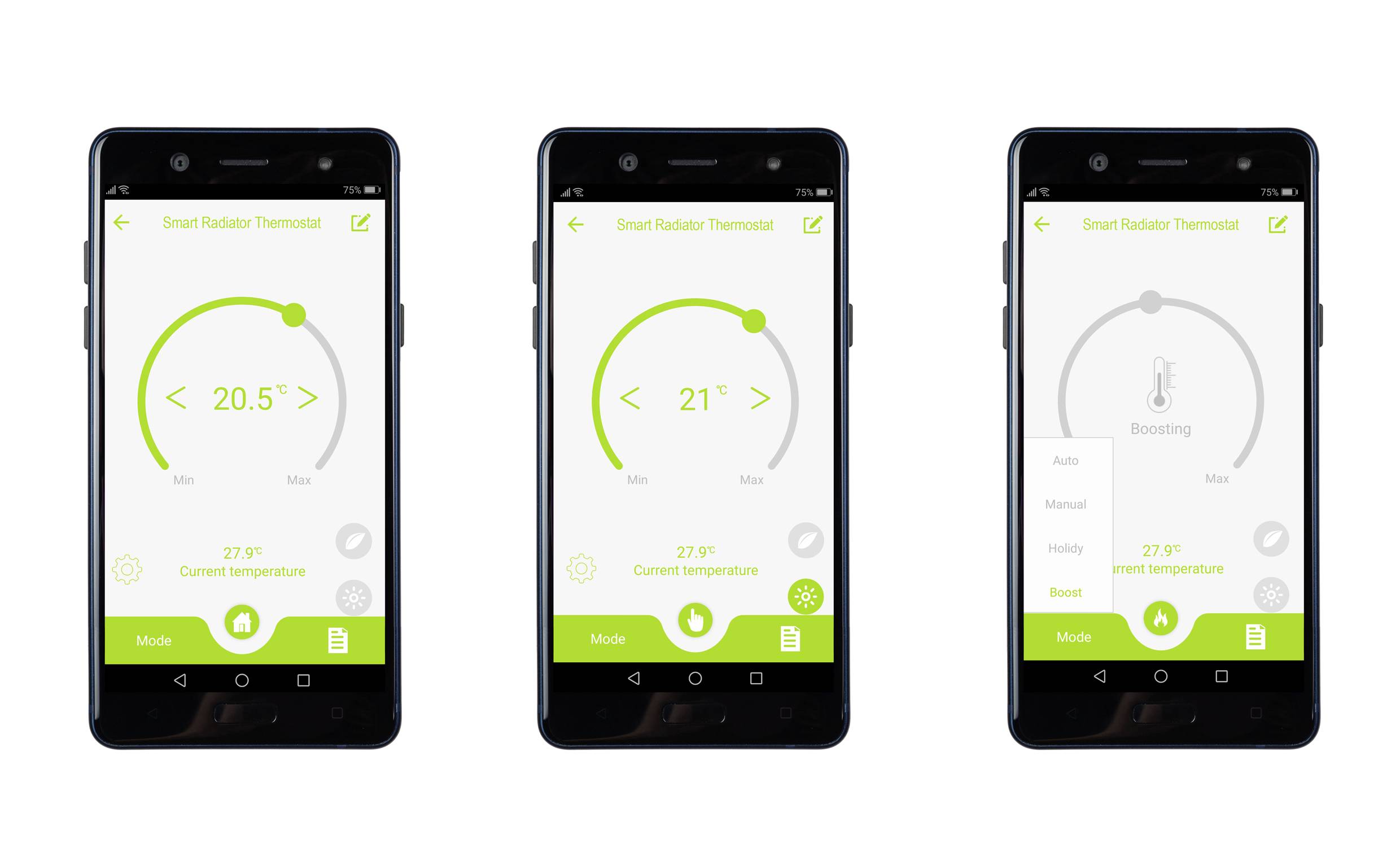 Drie smartphones tonen een thermostaat-app met temperatuurregeling. Links 20,5°C, midden 21°C, rechts bedrijfsmodi. Helder, gebruiksvriendelijk ontwerp.