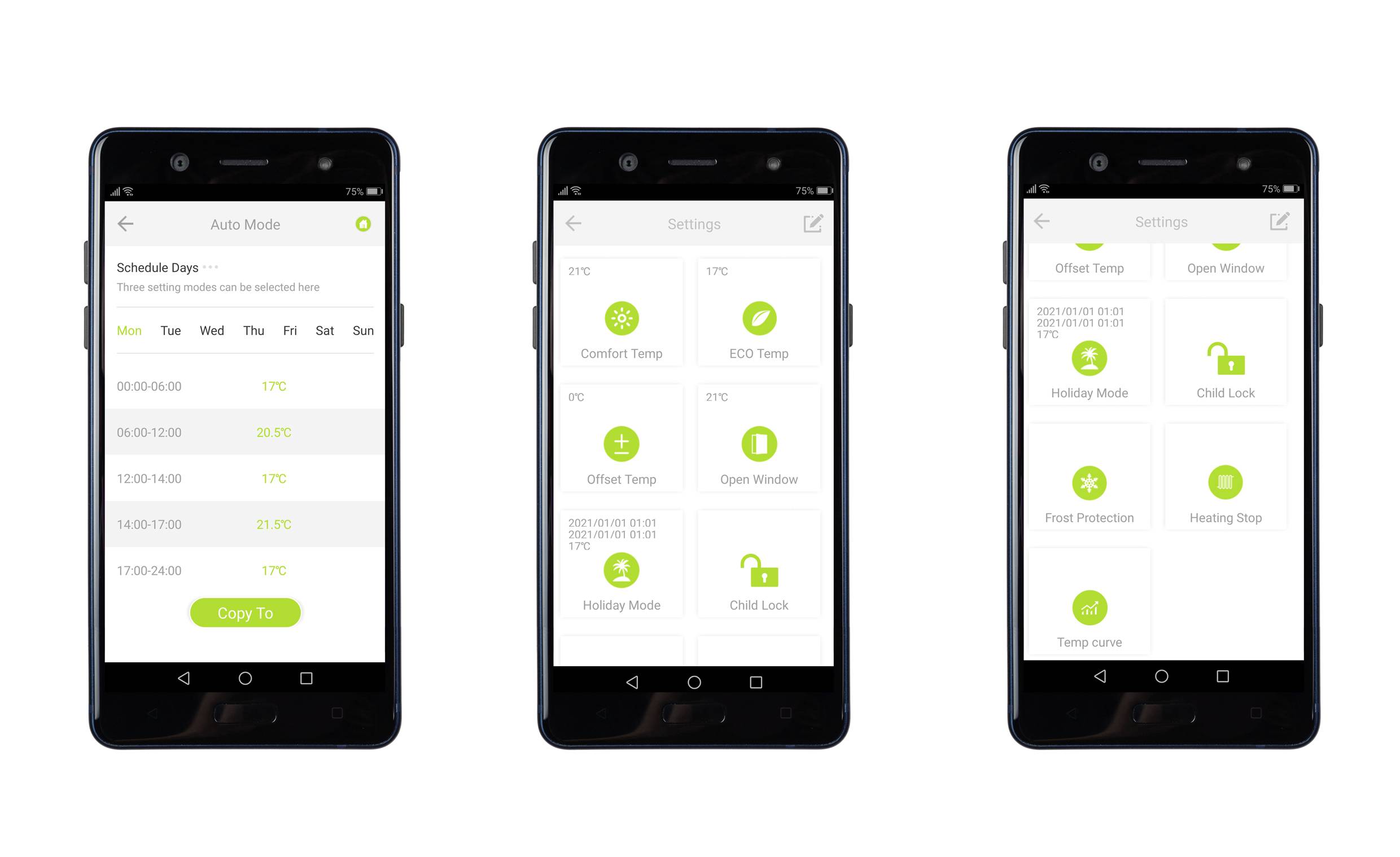 Drie smartphones tonen een verwarmings-app met verschillende instellingen zoals 'comforttemperatuur', 'kinderslot' en tijdschema's.