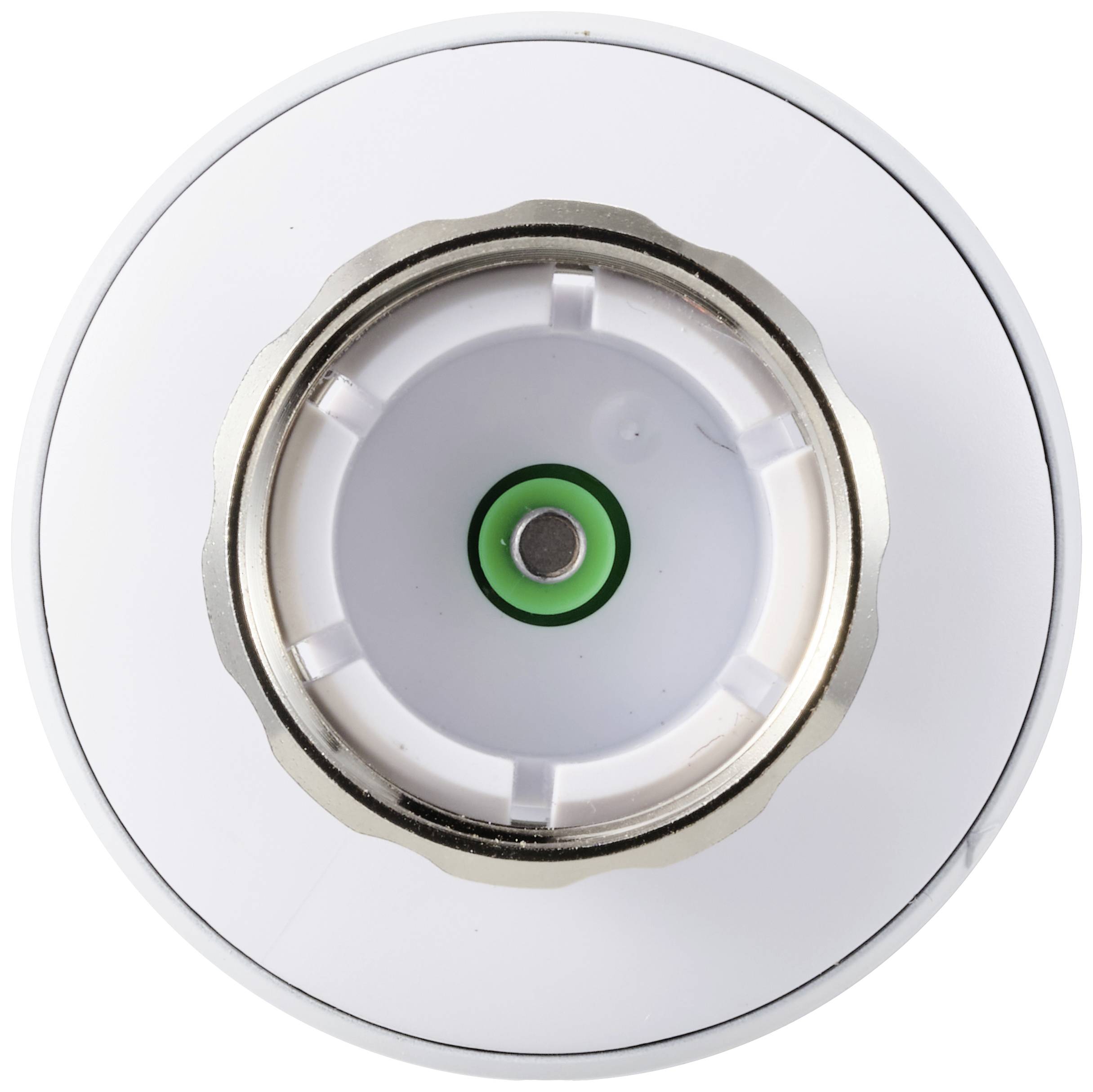 Close-up van een witte thermostaatkop van bovenaf. Cirkelvormige schijf met een metalen kap en een groene stip in het midden.