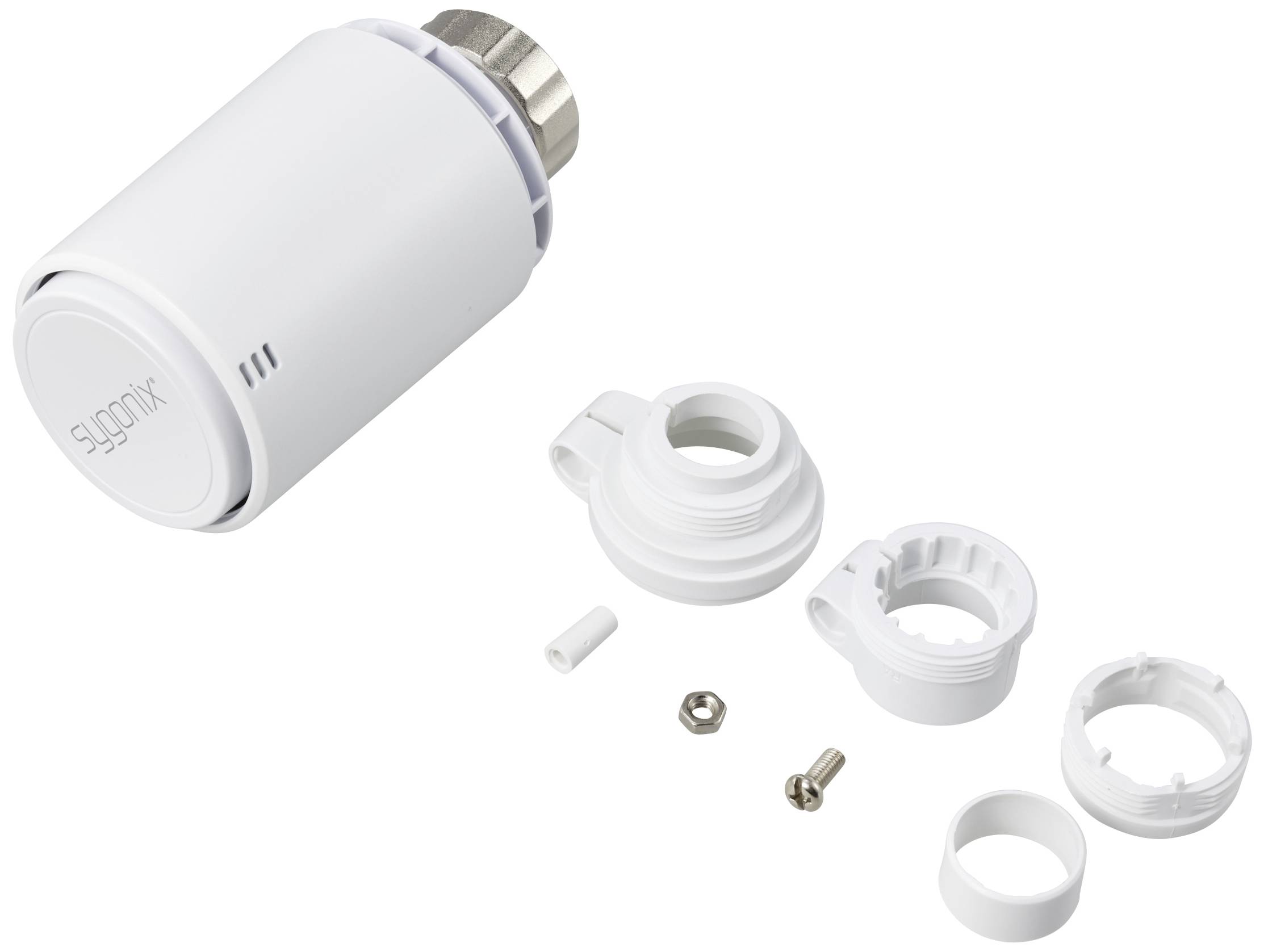 Een wit thermostaatkraan-set met meerdere montageonderdelen en schroeven.