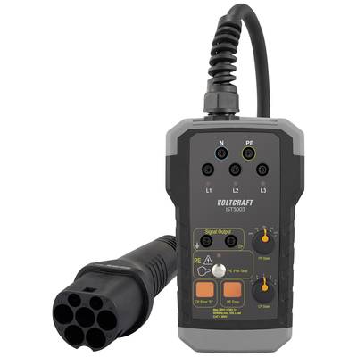 Laadapparaat-tester voor elektrische voertuigen met kabel en stekkerverbinding, indicatielampjes en bedieningsknoppen. Apparaat van Voltcraft.