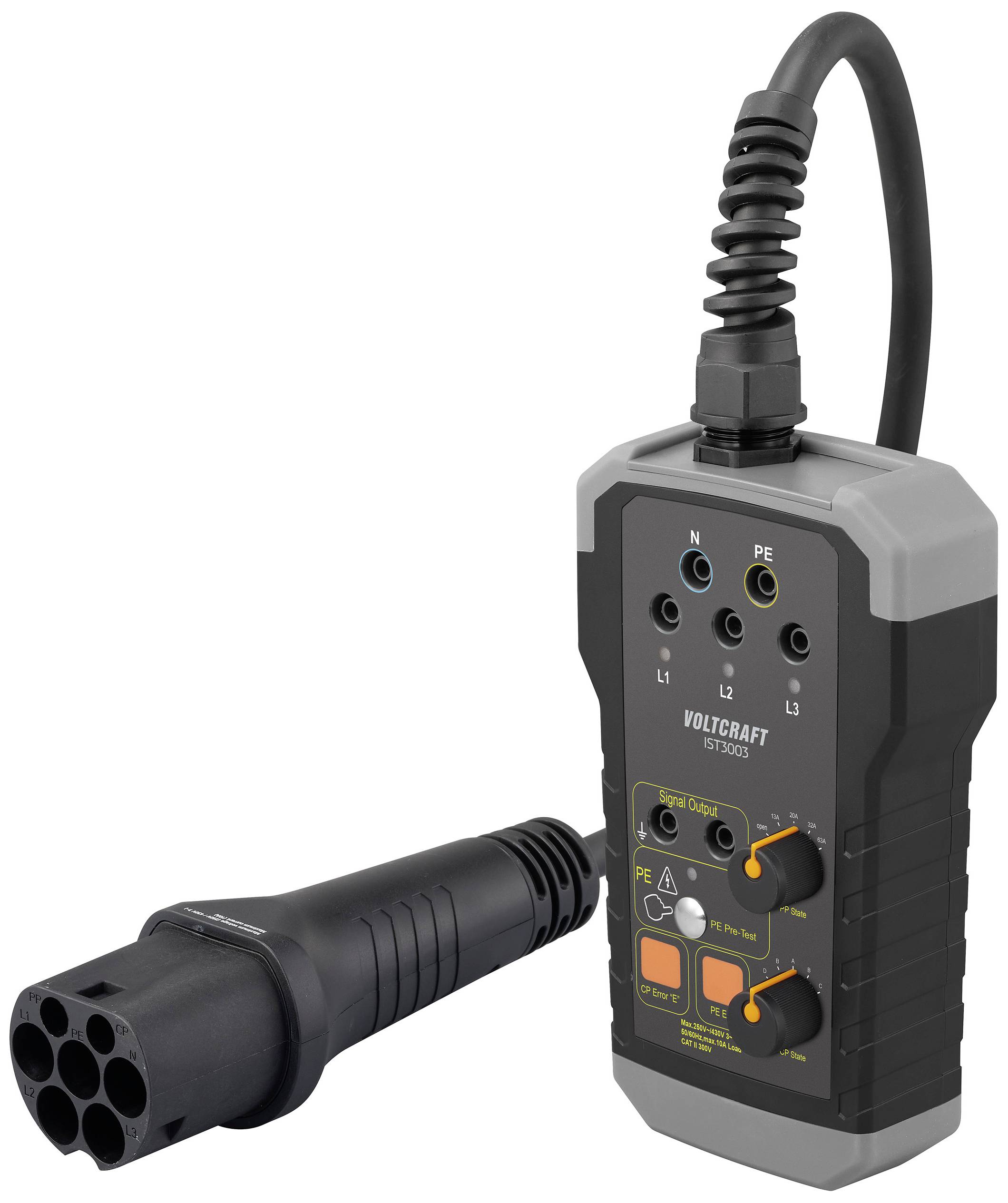 Een elektrische voertuig laadkabeltester met meerdere aansluitingen en controlelampjes voor het controleren van stroomverbindingen in laadsystemen.