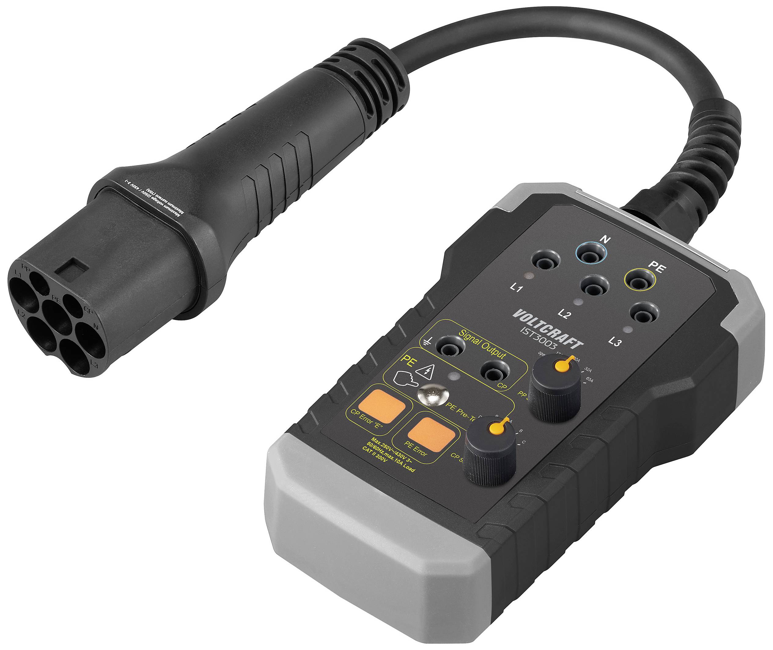 Een adapterkabel met stekkerverbindingen en bedieningsknoppen, gebruikt voor het controleren van elektrische verbindingen en functionaliteit.