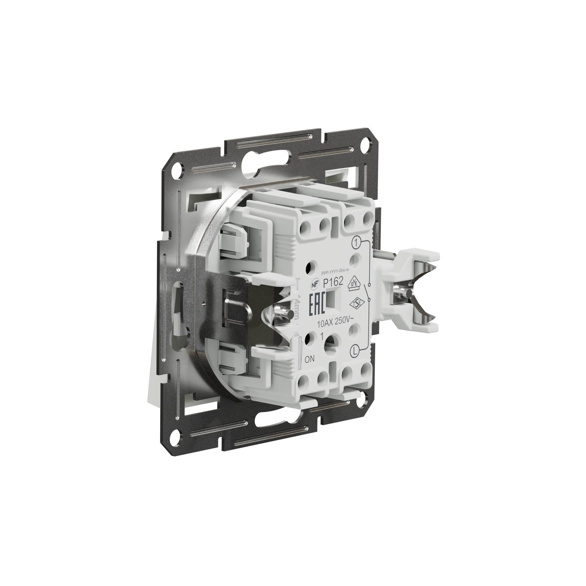 Een elektrische schakelaar-inbouw in zijaanzicht, zilver omlijst, met witte kunststofdelen. Geschikt voor 10A, 250V.