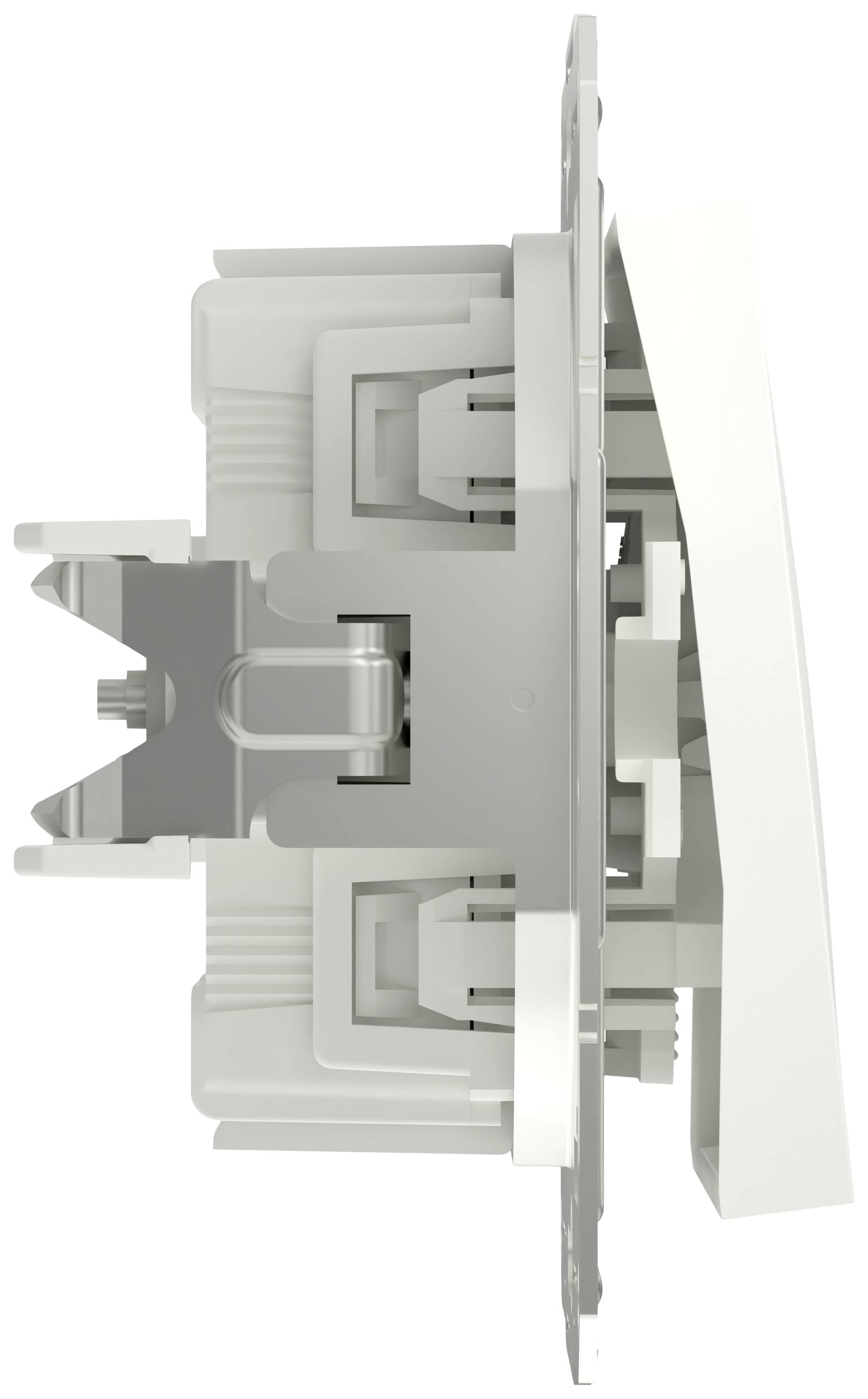 Zijaanzicht van een lichtgrijze tuimelschakelaar in de uitstand. Schakelaar is ontworpen voor installatie in een inbouwdoos.