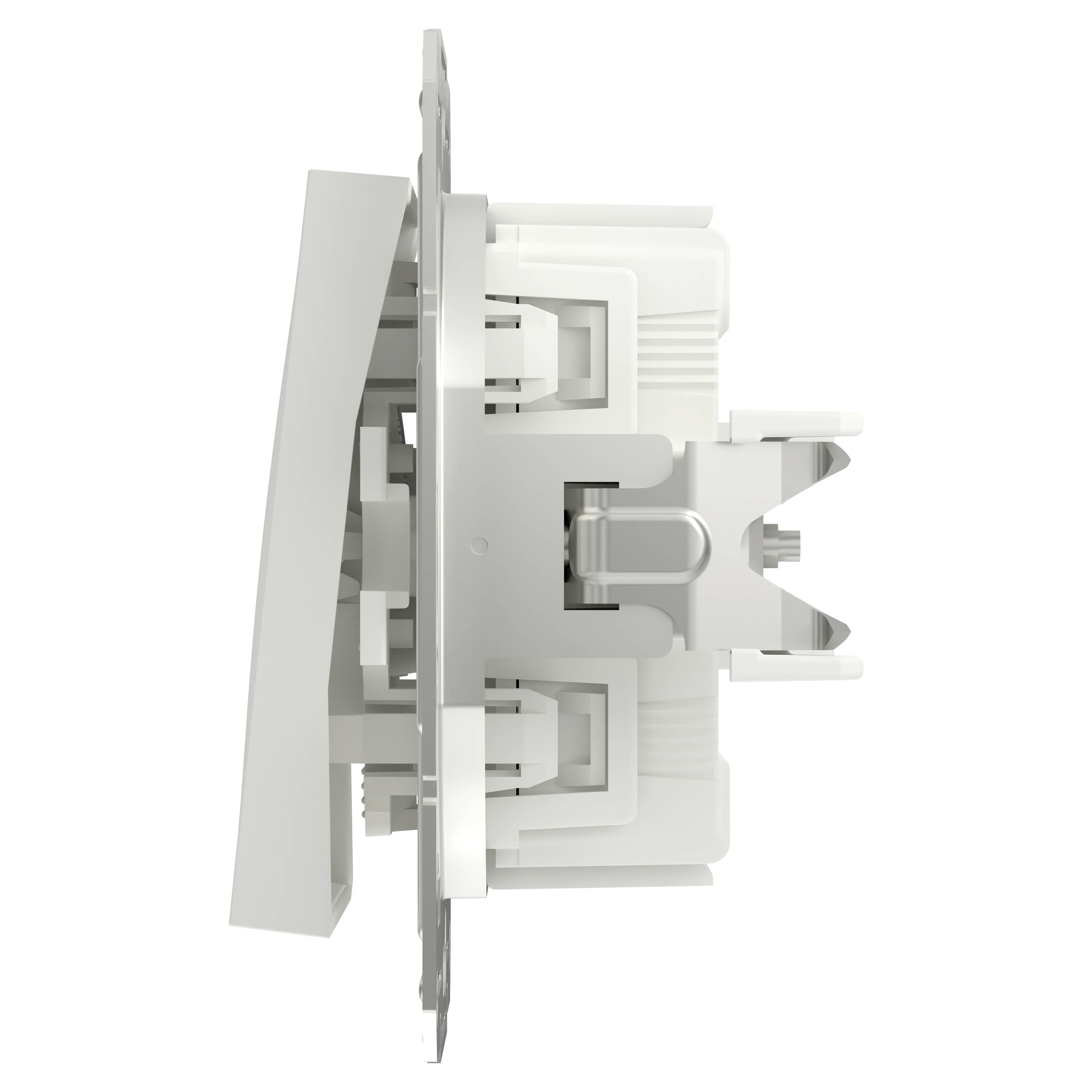 Een witte wandschakelaar, weergegeven van opzij, toont de interne structuur en mechaniek van de schakelaar.