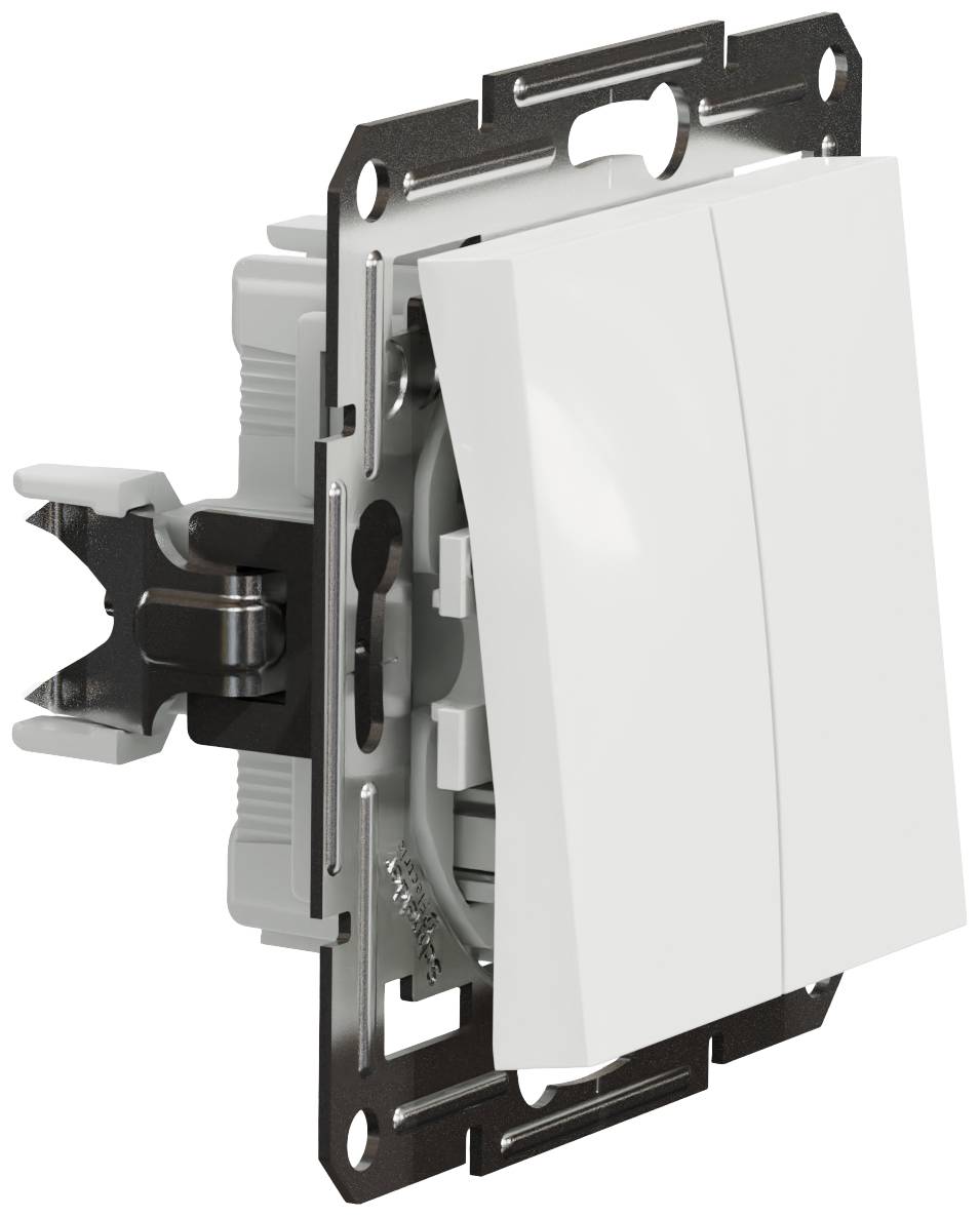 Dubbele schakelaar zonder frame, toont een witte hefboommechaniek en een zwarte bevestigingsklem op een zilveren metalen basis.