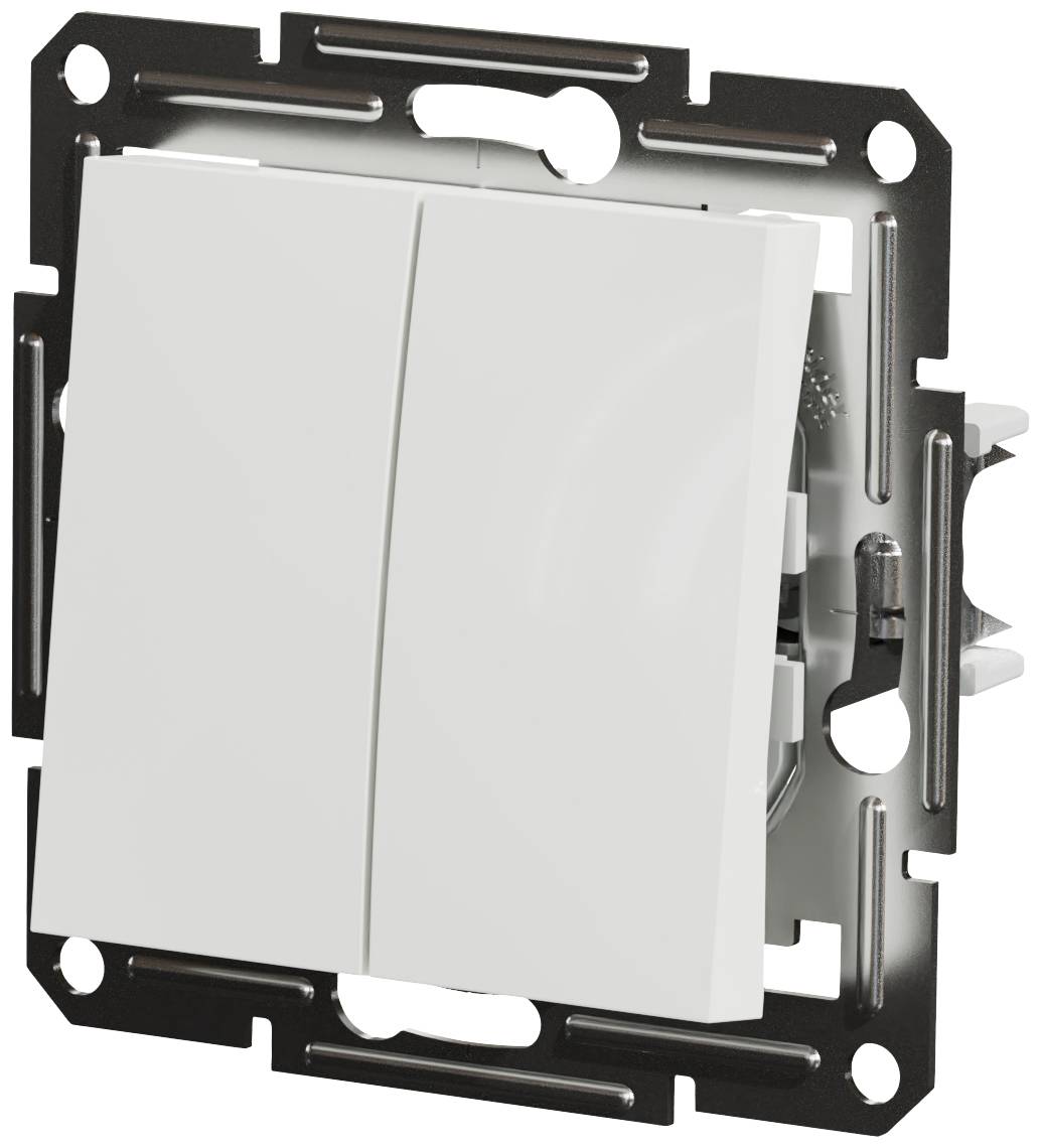 Lichtschakelaar van dichtbij met twee witte tuimelschakelaars op een metalen montageplaat.