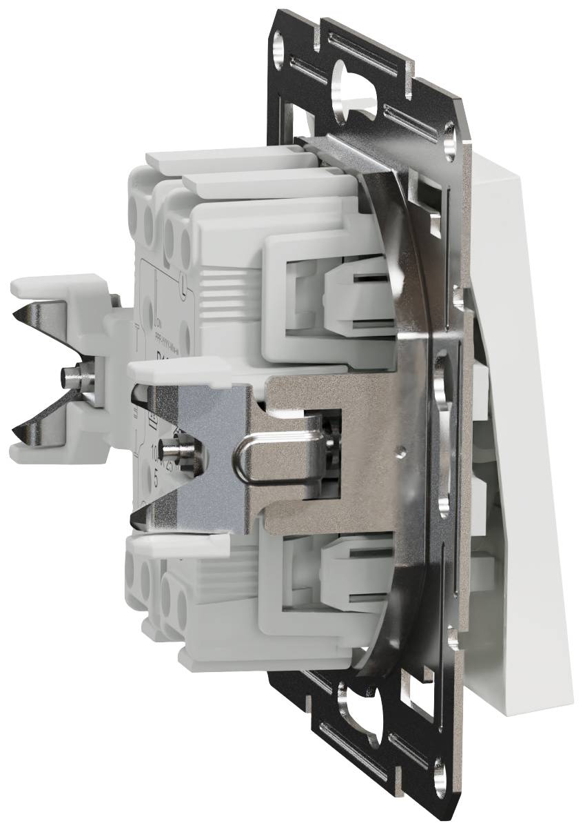 Een lichtschakelaar in zijaanzicht, toont het bevestigingsmechanisme en de elektrische aansluitstructuur.