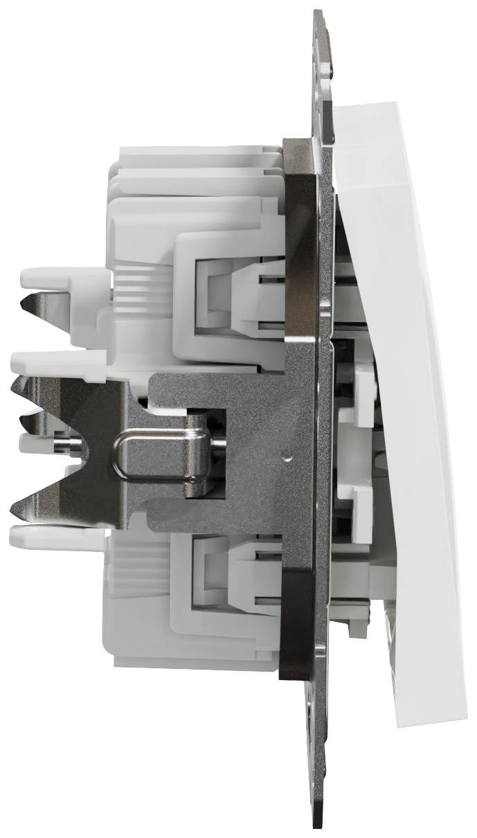 Zijaanzicht van een wit lichtschakelaarsmodule met grijze kunststof en metalen onderdelen, toont bevestigingsmechanismen.