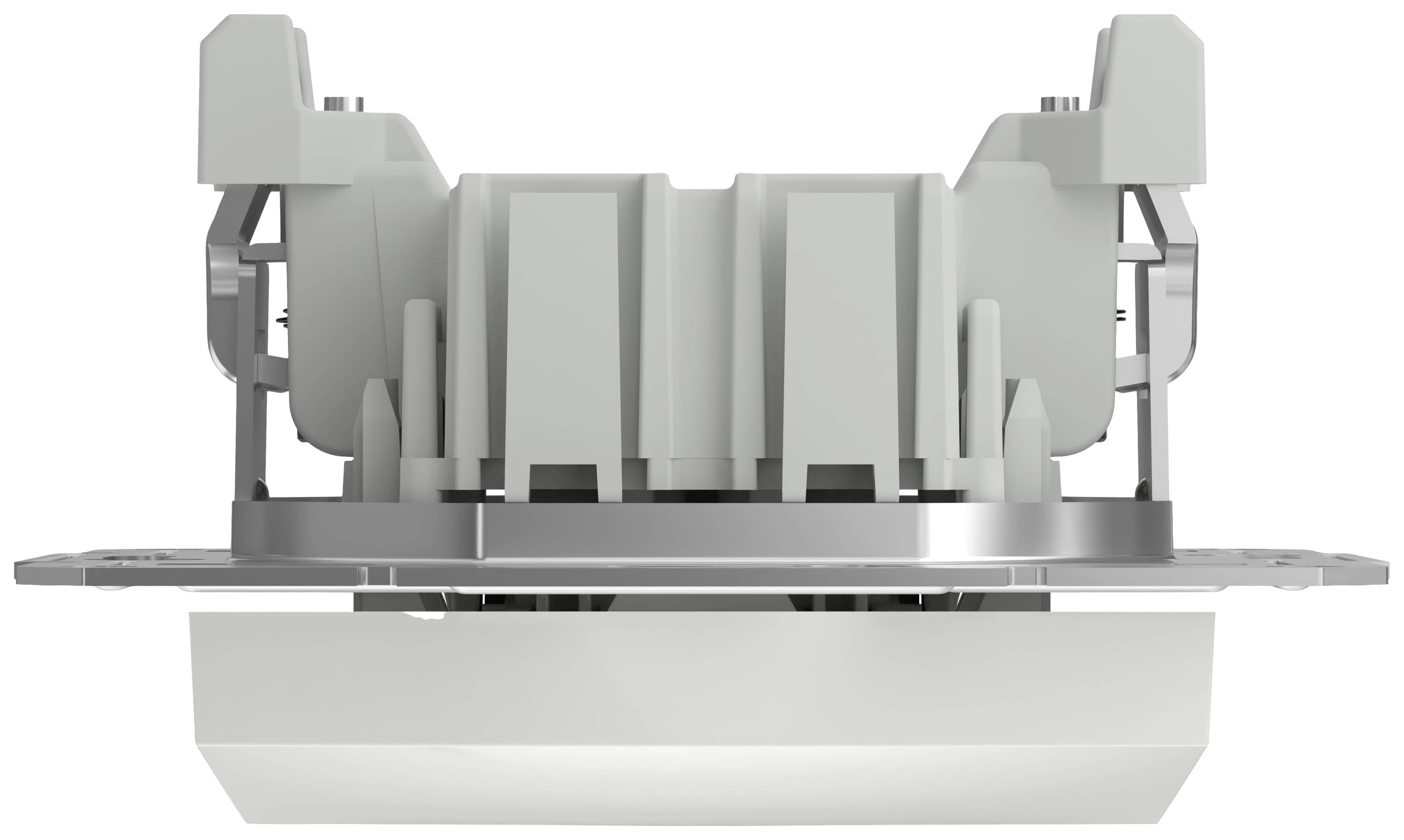 Een witte, rechthoekige wandlichtschakelaar met een grote drukknop en een moderne, minimalistische vormgeving.