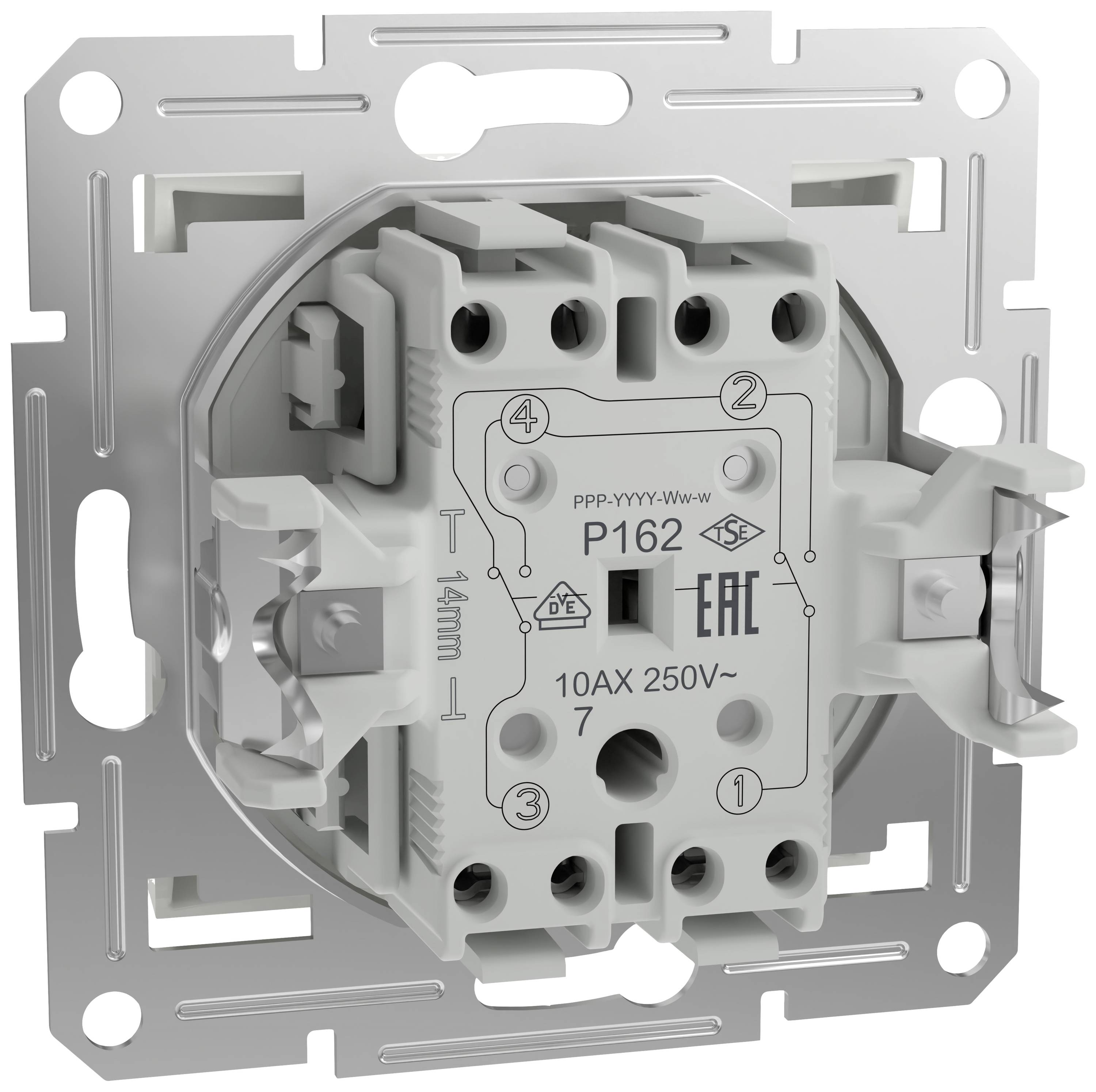 Lichtschakelaar-inbouw in metalen frame, gemarkeerd met '10AX 250V'. Symbolen en teksten voor aansluiting zijn zichtbaar.
