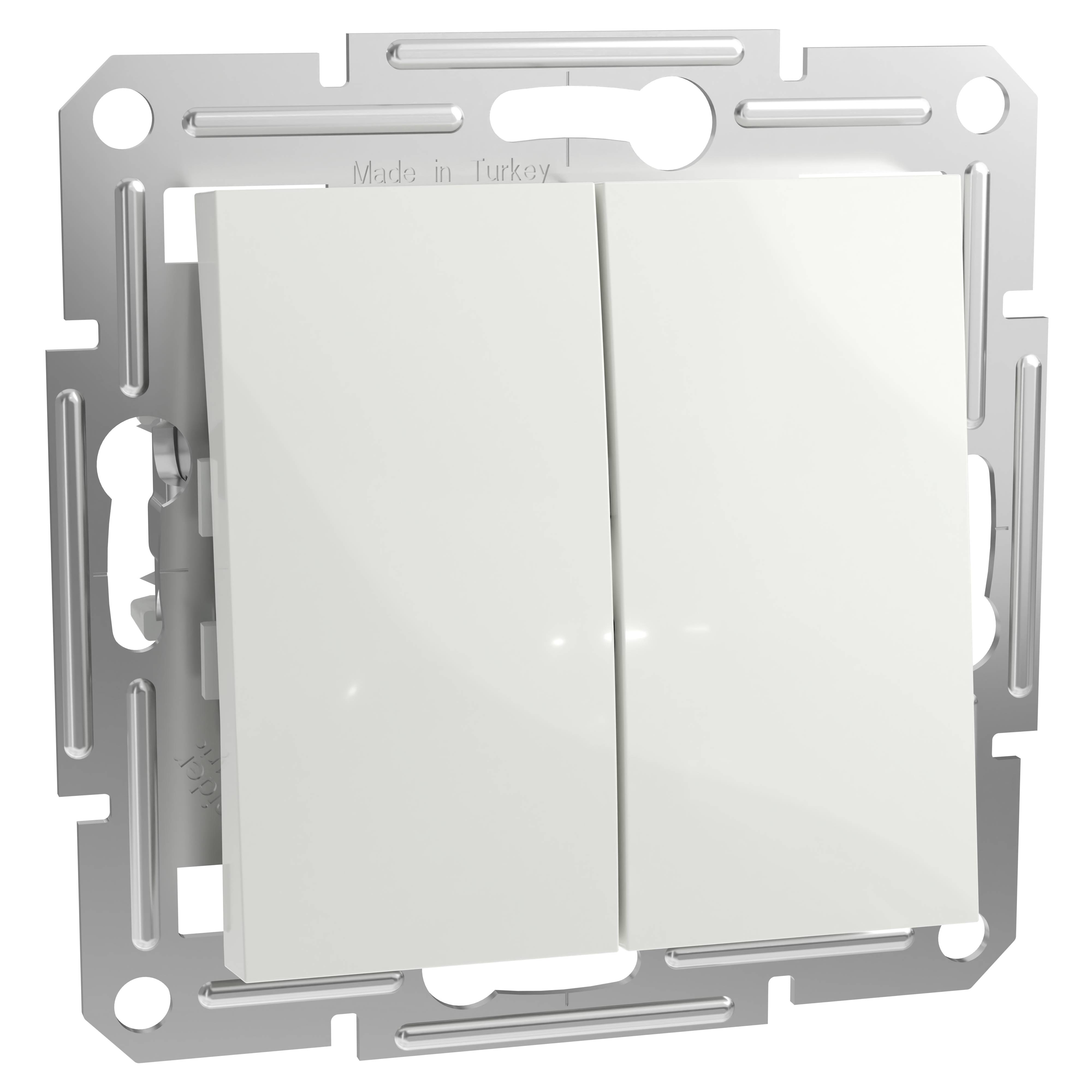 Een dubbele lichtschakelaar in een zilveren frame. Beide schakelaars staan in de uitstand. Neutrale en eenvoudige achtergrond.