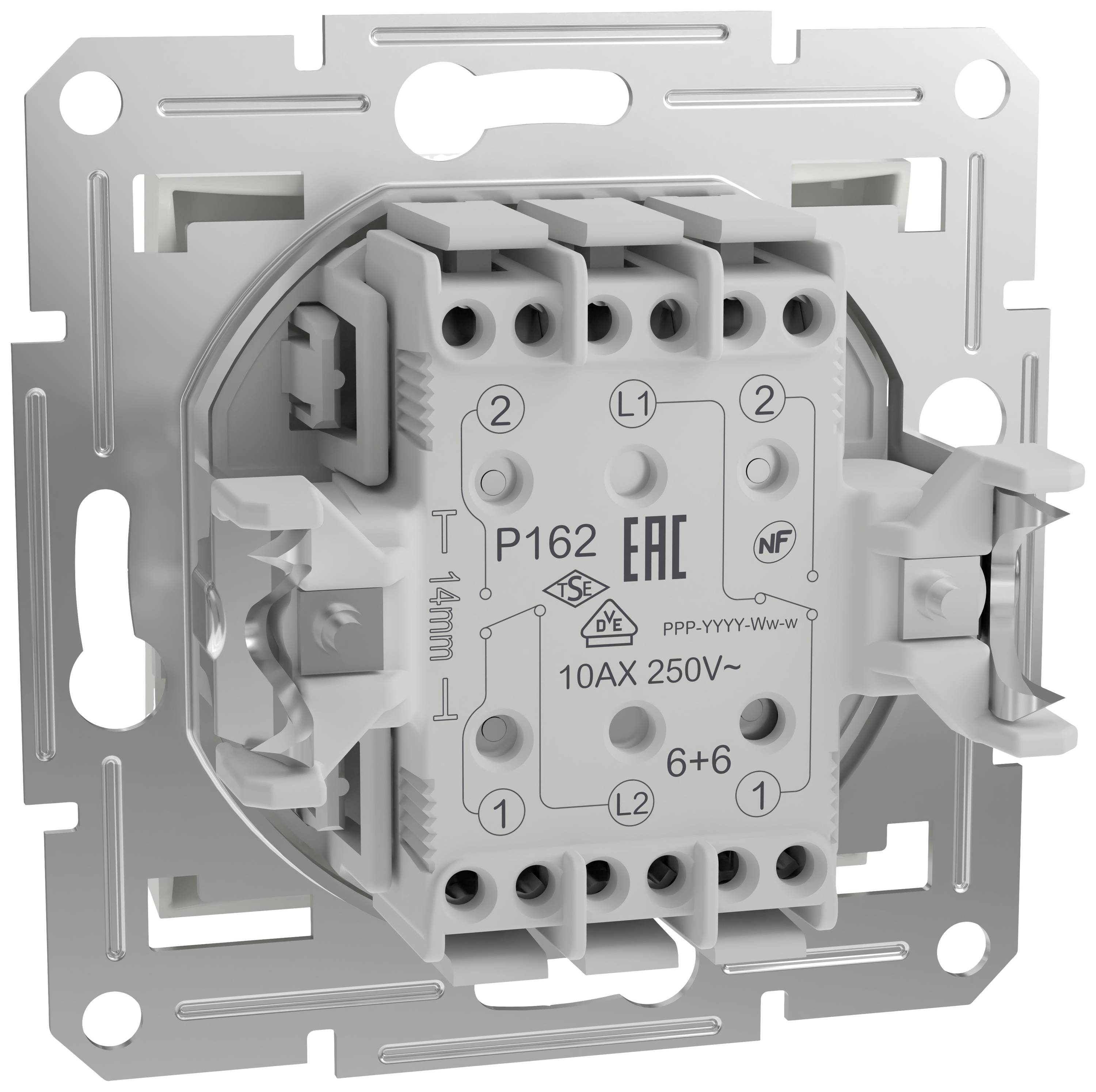 Een witte, rechthoekige elektrische schakelaar met meerdere aansluitklemmen en technische aanduiding zoals '10 AX 250V' en 'EAC'.