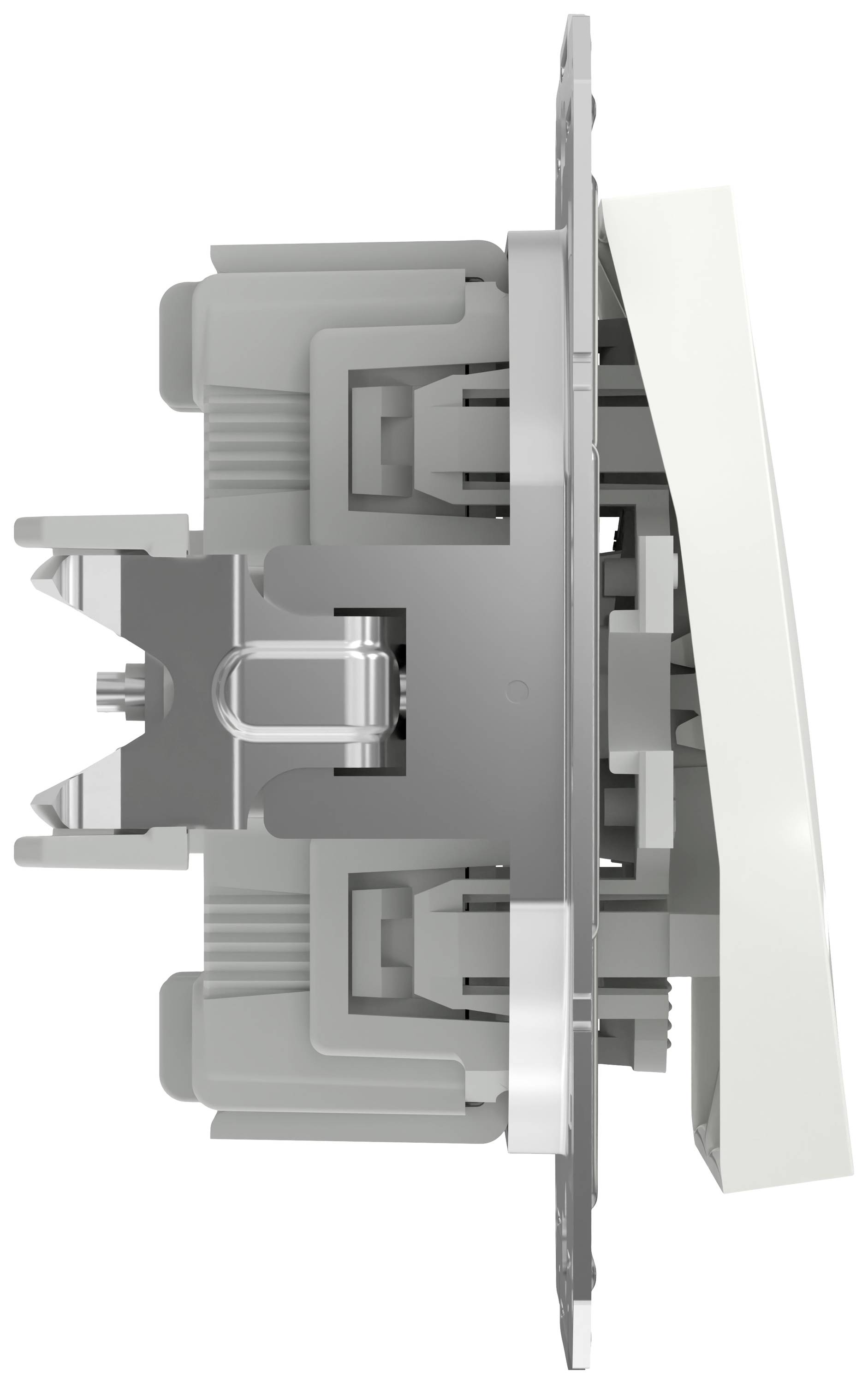 Zijaanzicht van een schakelaar, getoond met verwijderd behuizing. Zichtbare elektrische contacten en mechaniek.