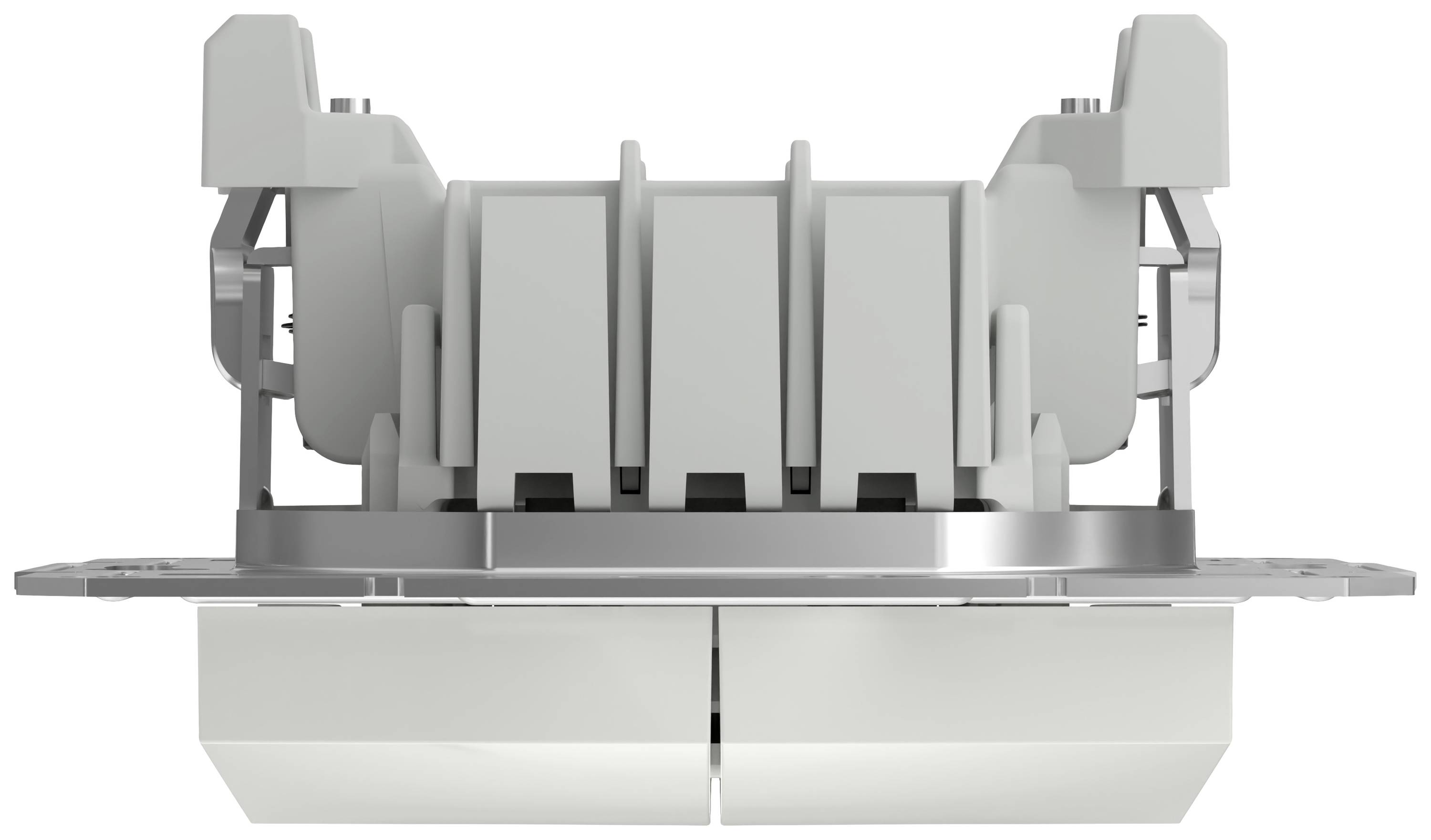 Dubbele-drukknop schakemodule, zijaanzicht. Toont twee knoppen die worden ondersteund door een centrale bevestiging.
