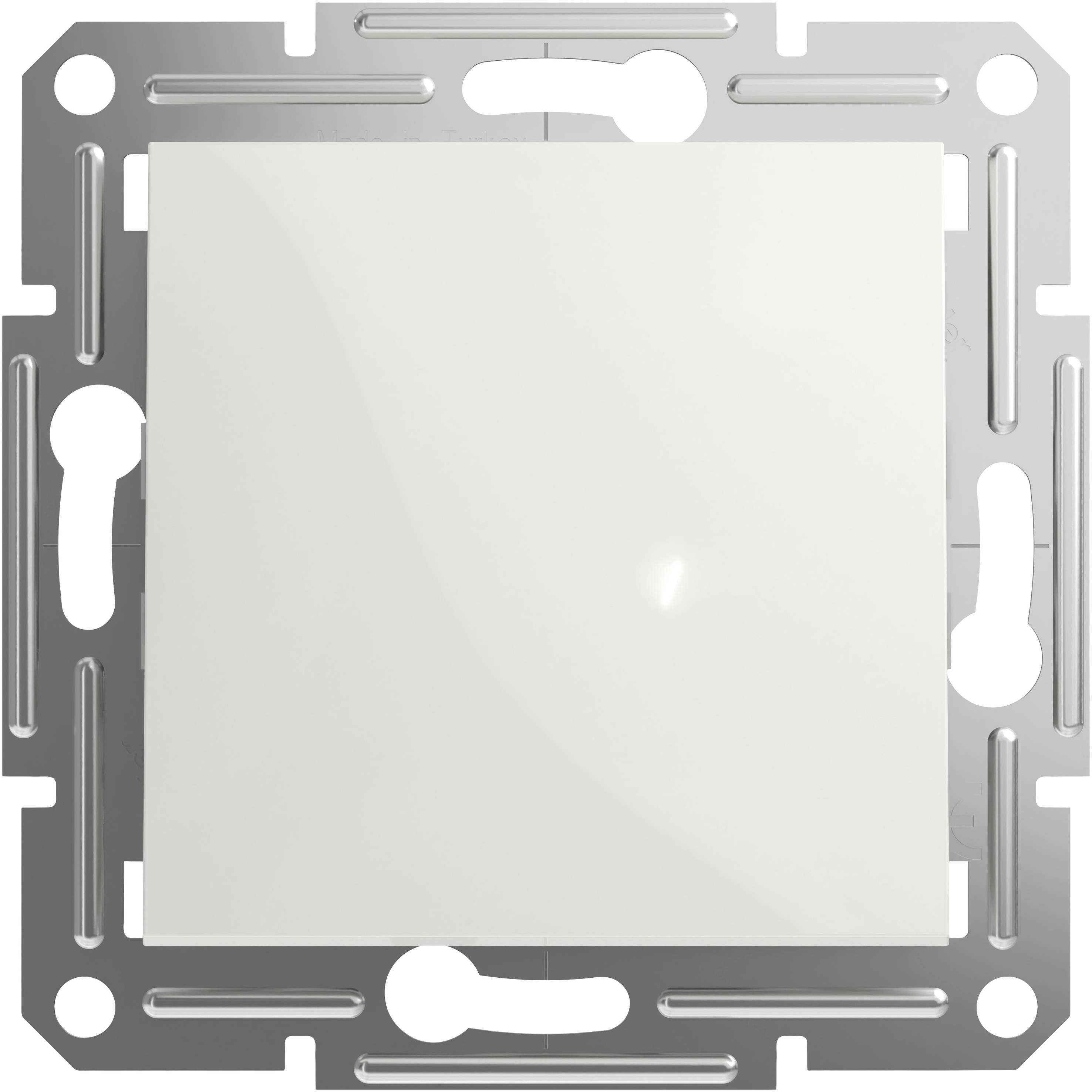 Een vierkante lichtschakelaar met een witte schakelaar op een zilveren frame.