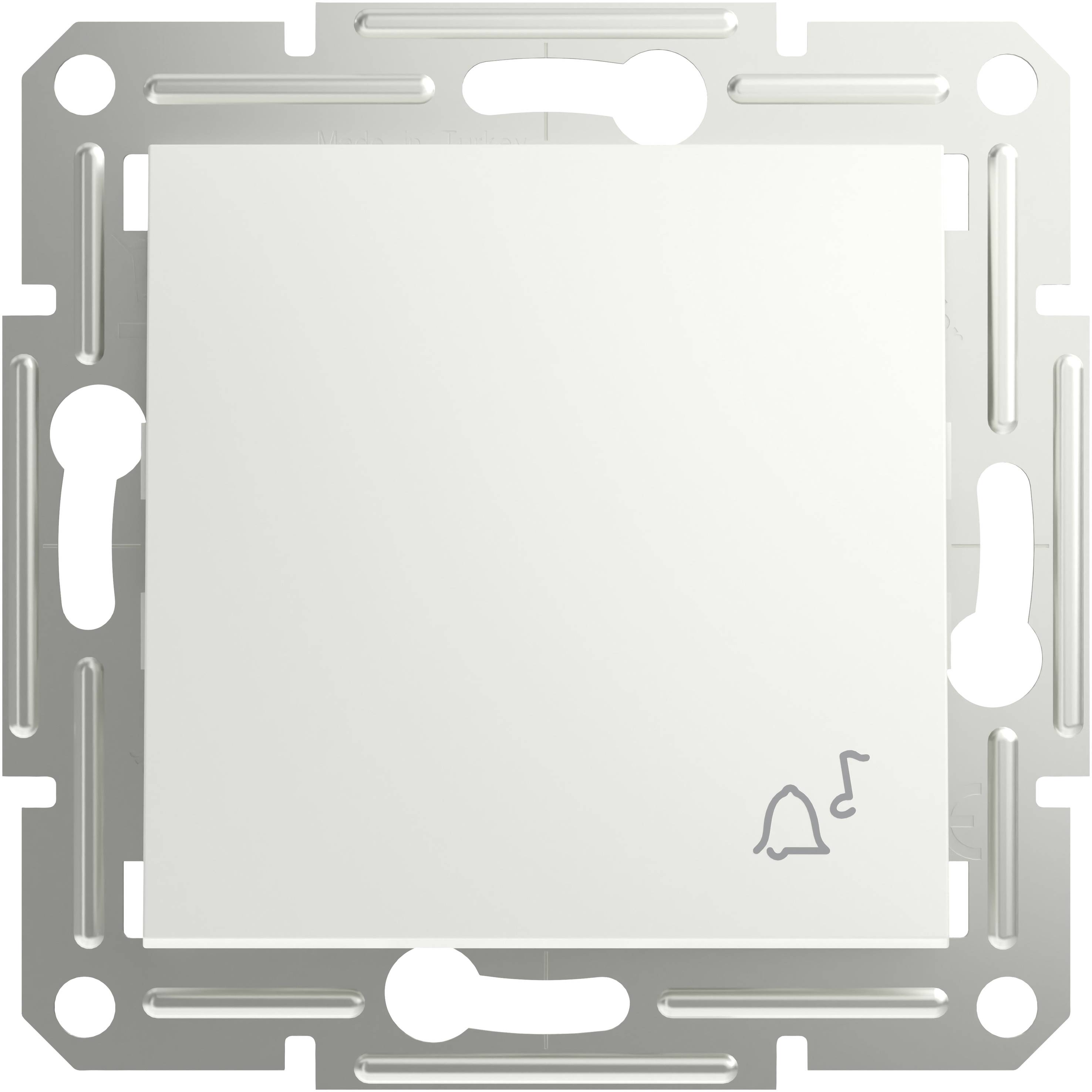 Een witte lichtschakelaar met een belsymbool en een noot, gemonteerd op een rechthoekige metalen plaat.
