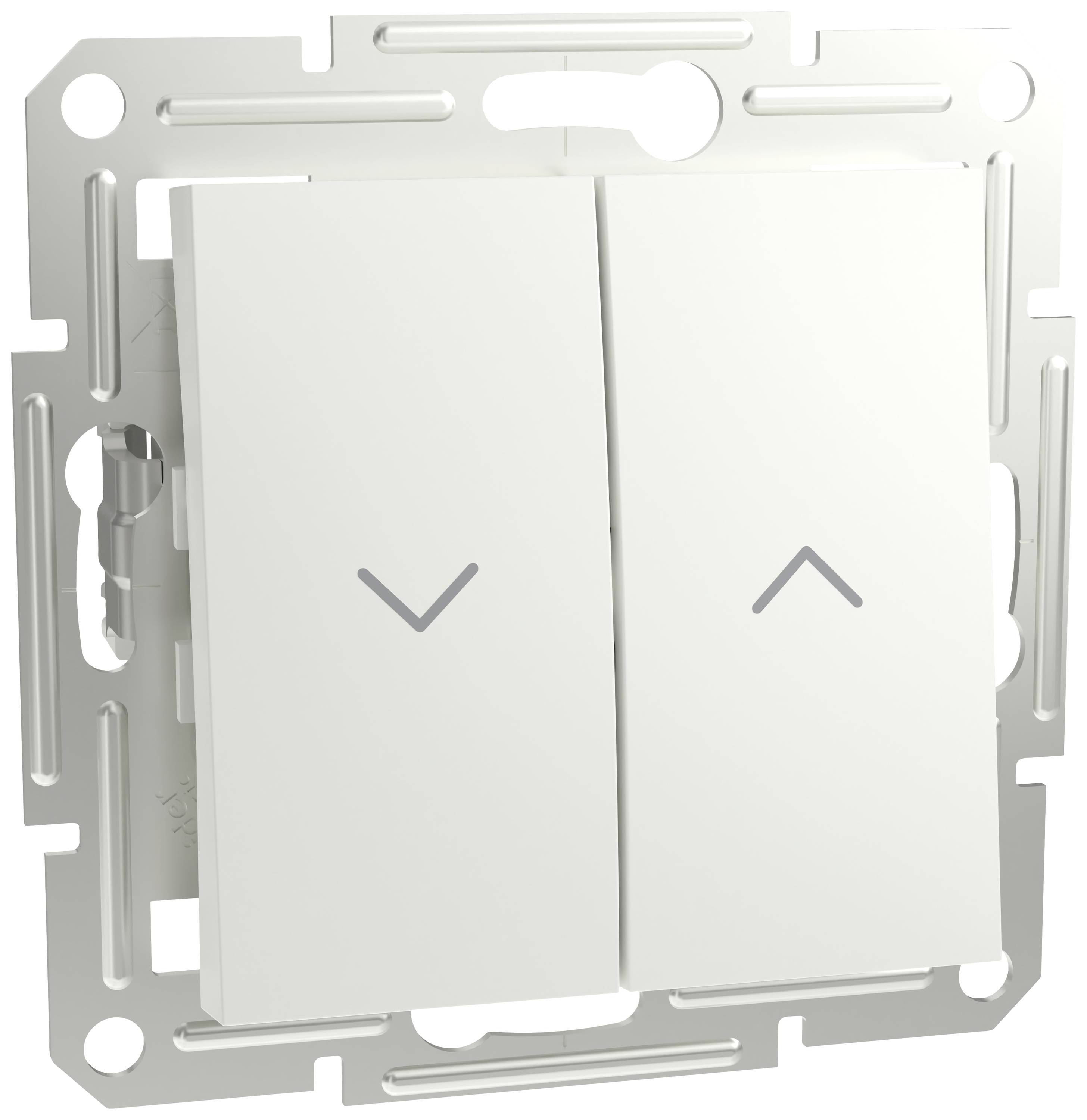 Dubbele wandschakelaar met pijlsymbolen voor op- en neerwaartse beweging, gemonteerd in een metalen frame.