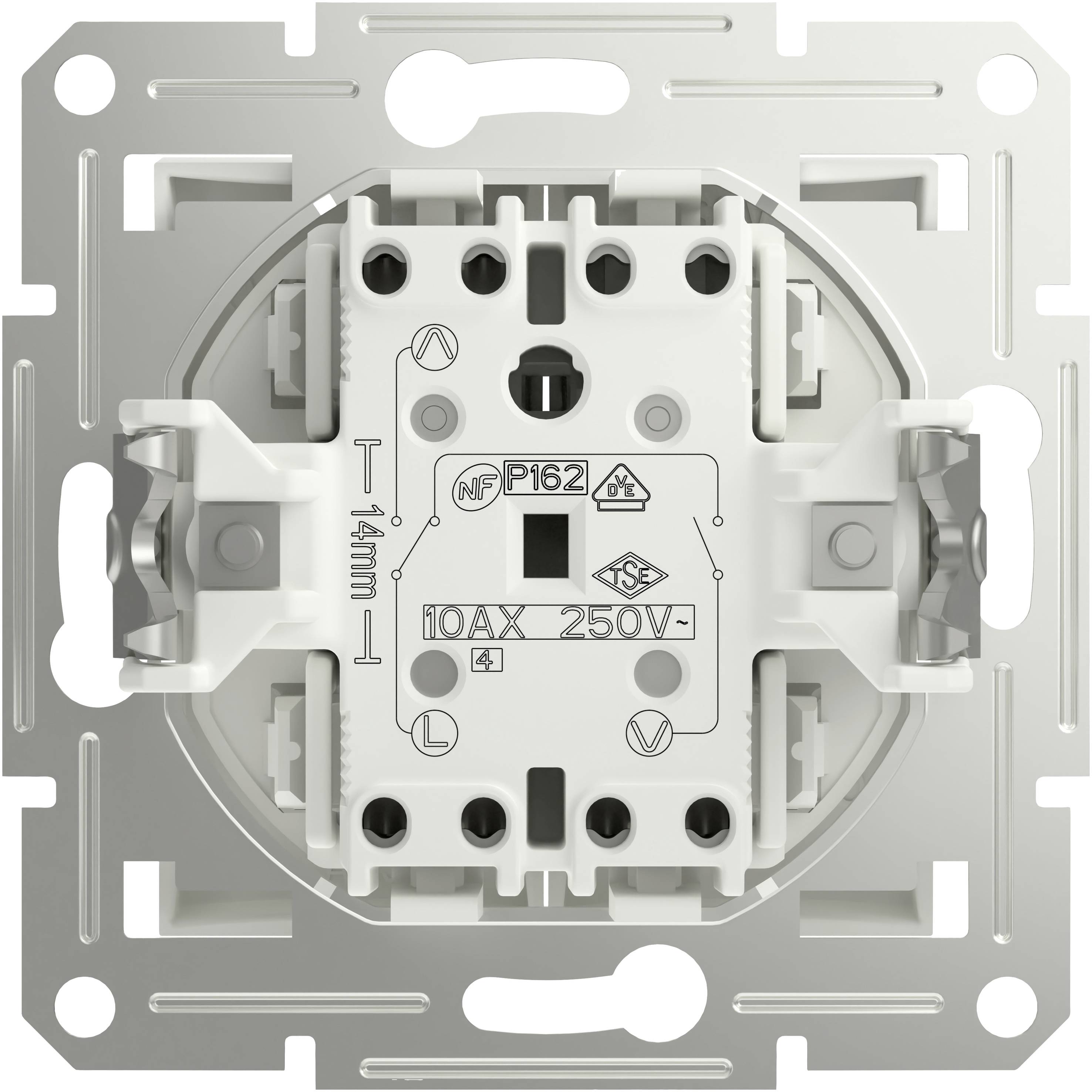 Achterkant van lichtschakelaar met details over montage en elektrische specificaties, inclusief spanning en stroomsterkte.