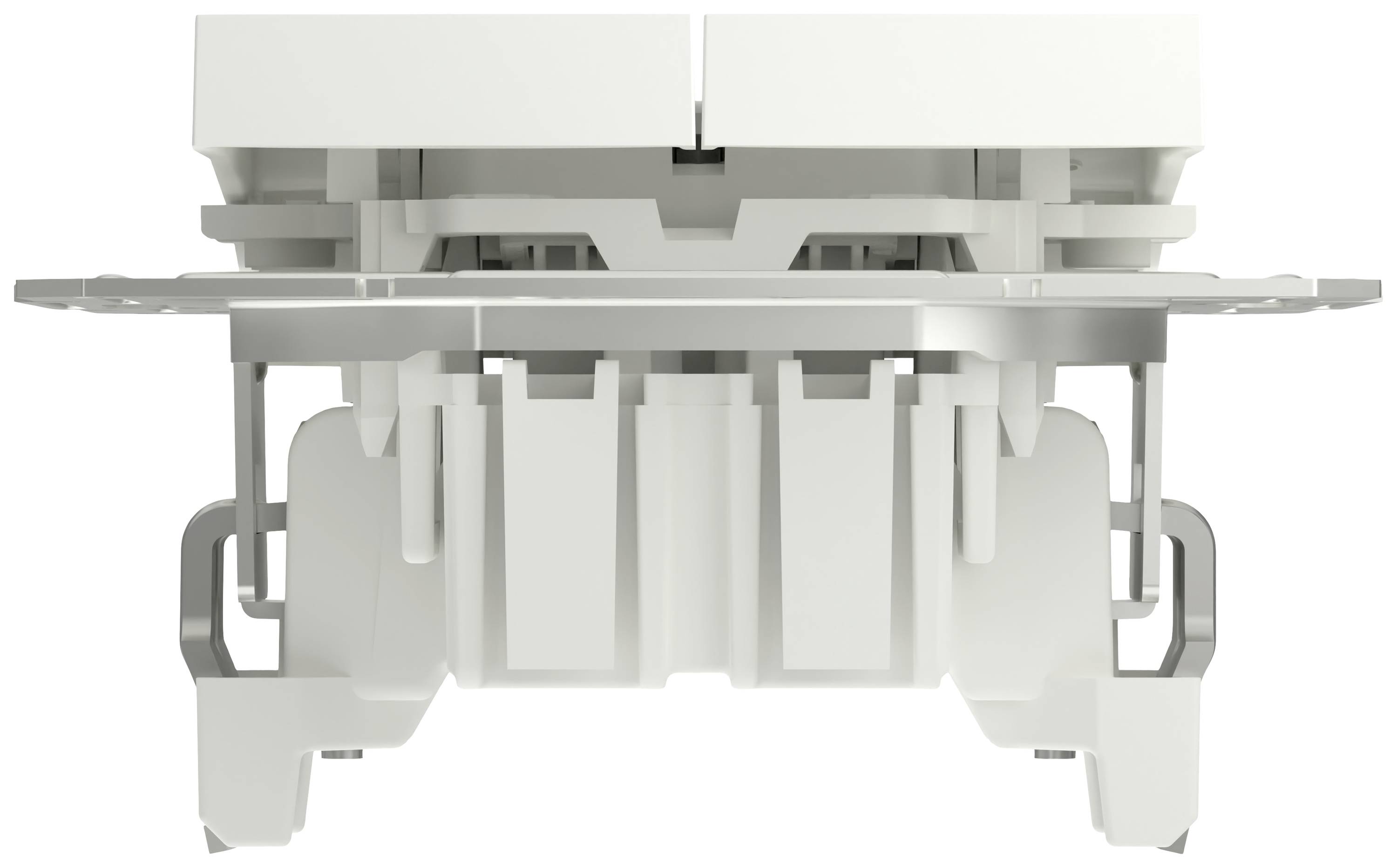 Een witte mechanische schakelaar, gezien van bovenaf, met zichtbare bevestigingsplaat en montageonderdelen.