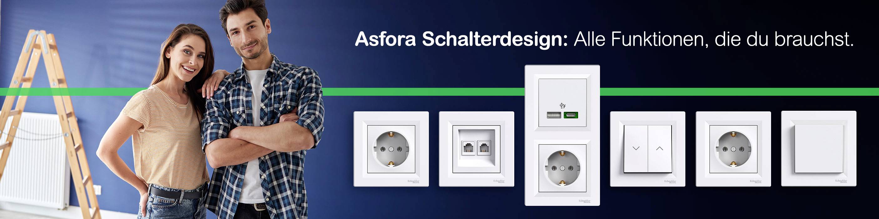 Een lachend stel staat naast een selectie moderne schakelaars en stopcontacten voor een achtergrond met de tekst 'Asfora Schakelontwerp: Alle functies die je nodig hebt.'.