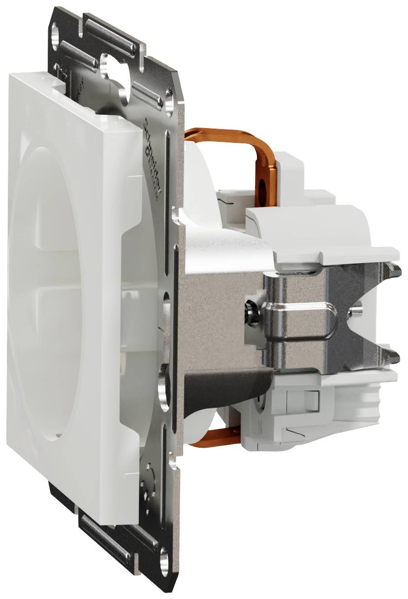 Een witte wanddoos met metalen bevestiging, geschikt voor elektrische installaties binnenshuis.