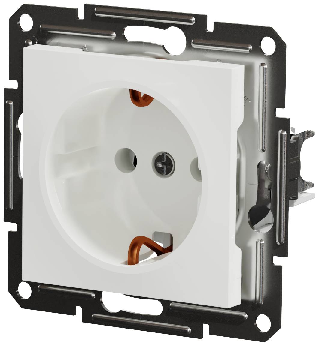 Witte stopcontact met metalen frame, gedeeltelijk ingebouwd. Eenvoudige, vierkante vorm met twee gaten voor stekkerpinnen.
