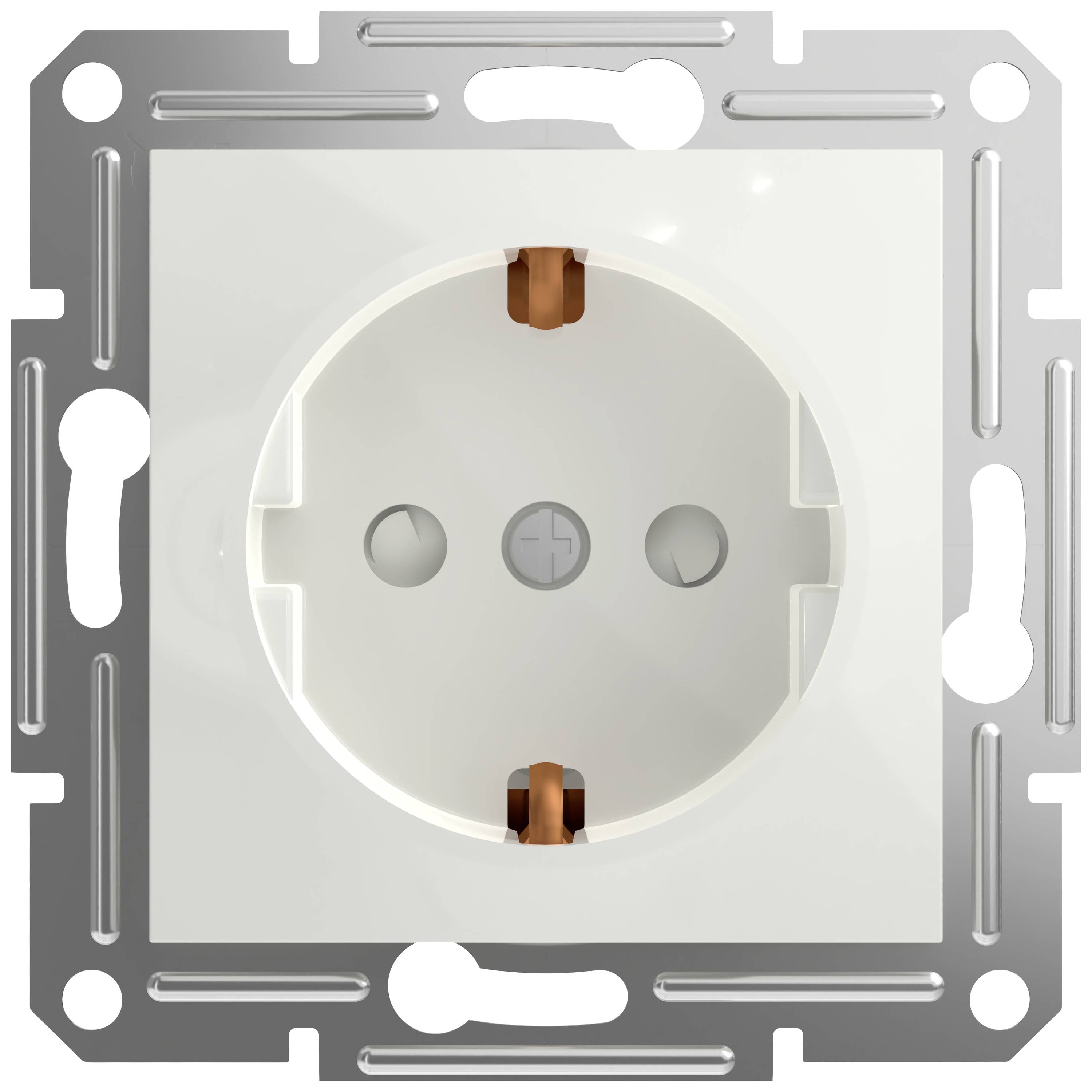 Een witte stopcontact, ingebed in een rechthoekige metalen plaat, toont de vooraanzicht met twee ronde gaten en een aardingsstift.