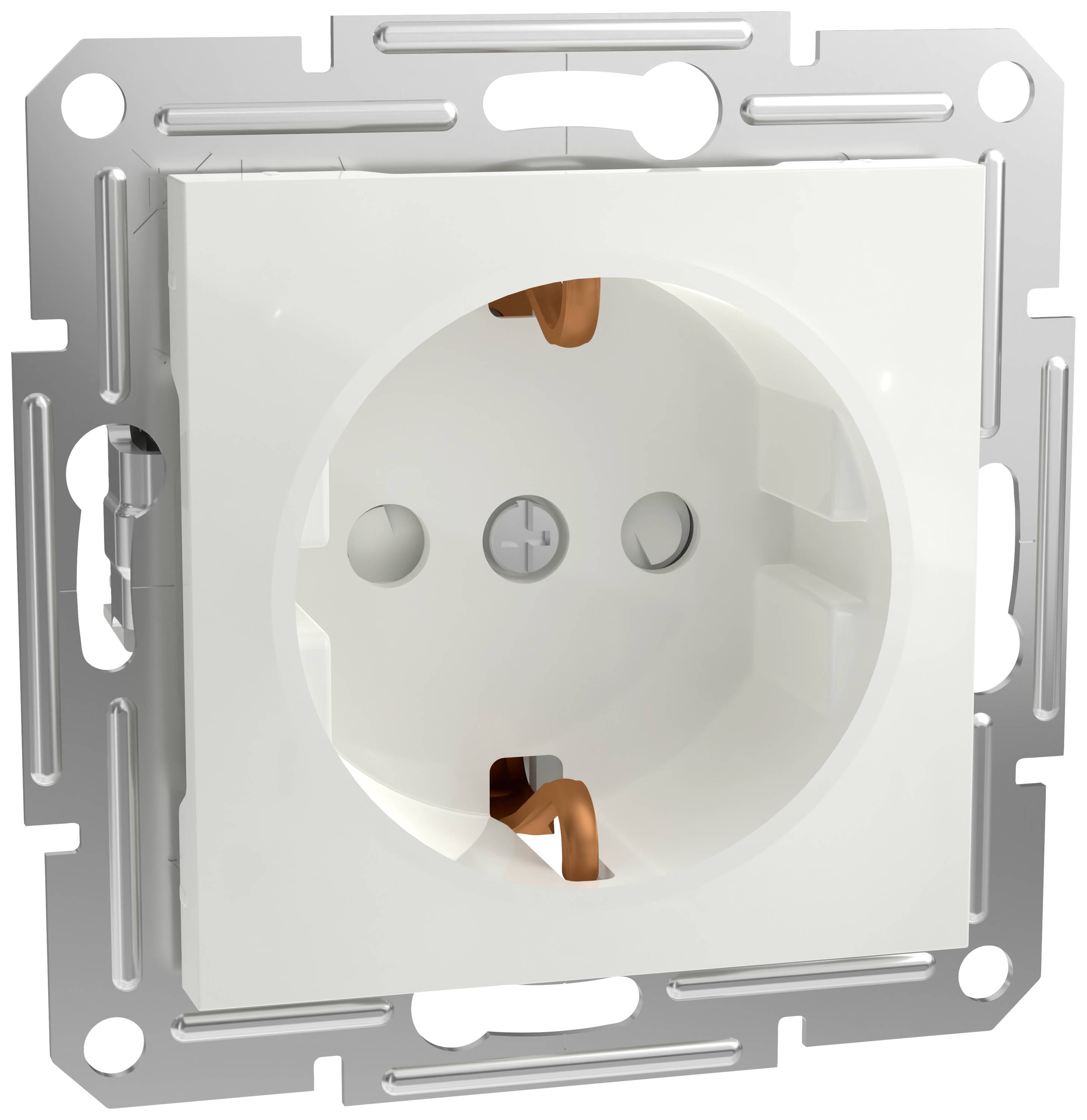 Witte inbouw-stopcontact met metalen frame, frontaal weergegeven, toont aarding en contactopeningen voor stroomaansluiting.