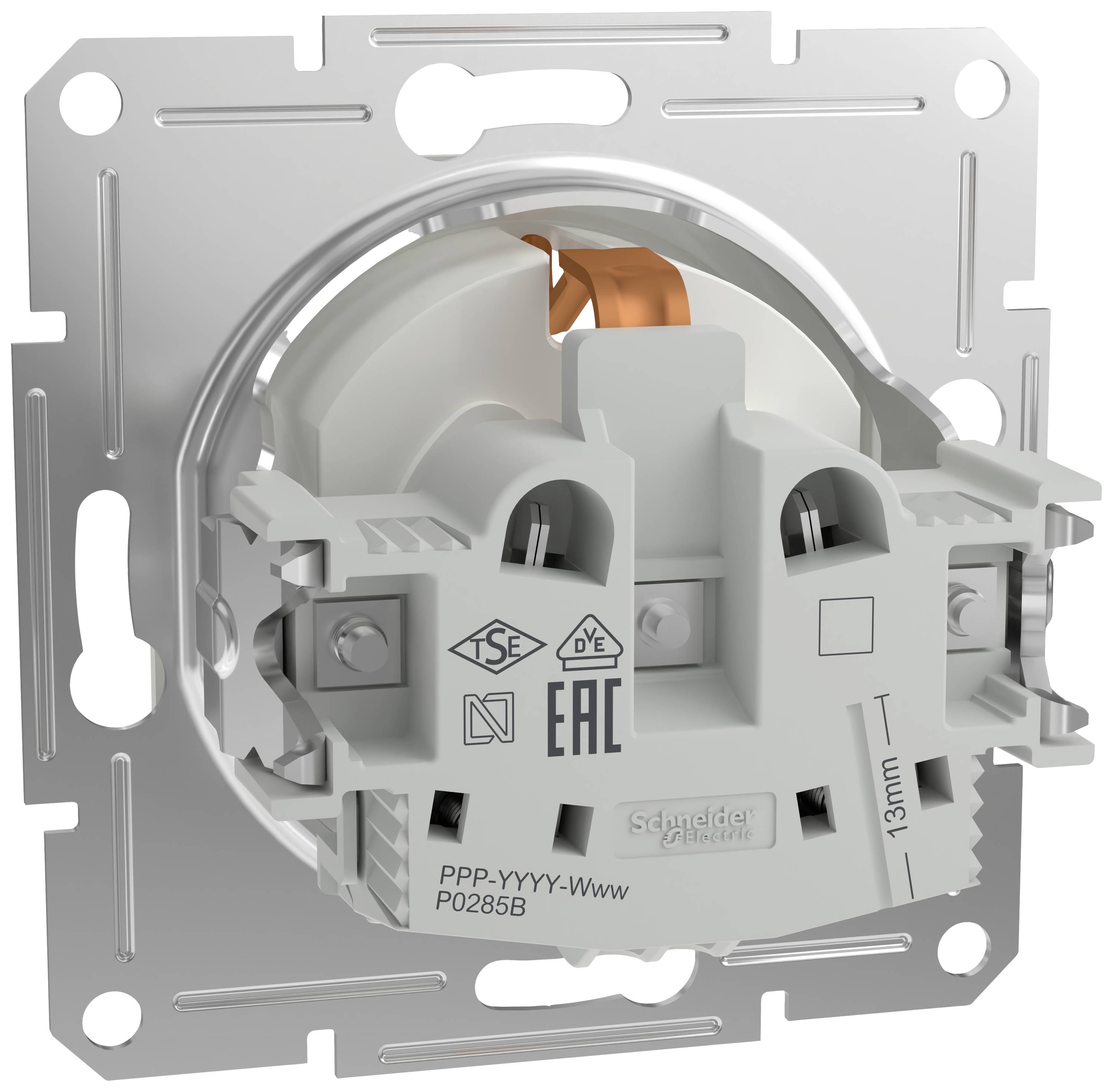 Een zilveren, ronde elektrische stekker met montageplaatje. Bevat markeringen zoals 'EAC' en maataanduiding '13 mm'.