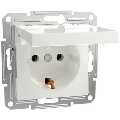 Een witte stopcontact met klapdeksel, ingebouwd in een metalen houder. Het deksel is gedeeltelijk geopend.